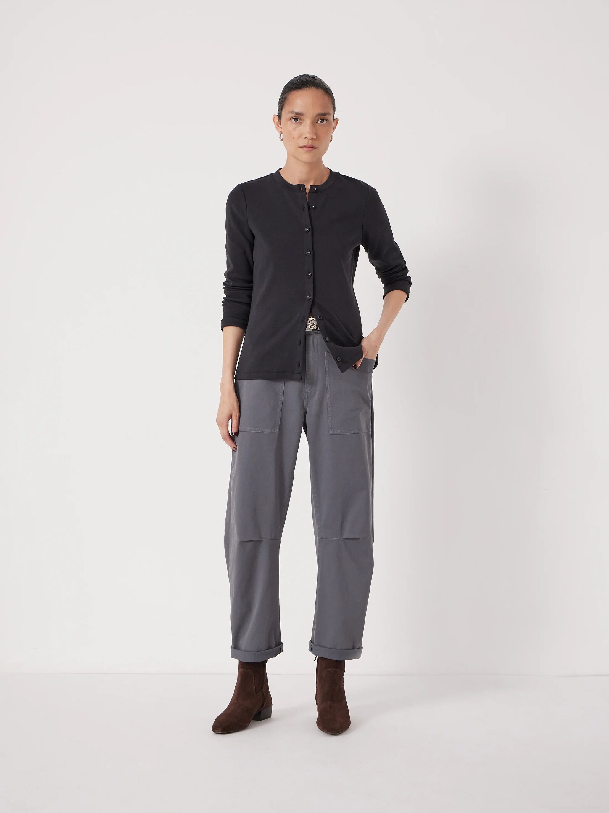 Button Ribbed Long Sleeve Top (Black)