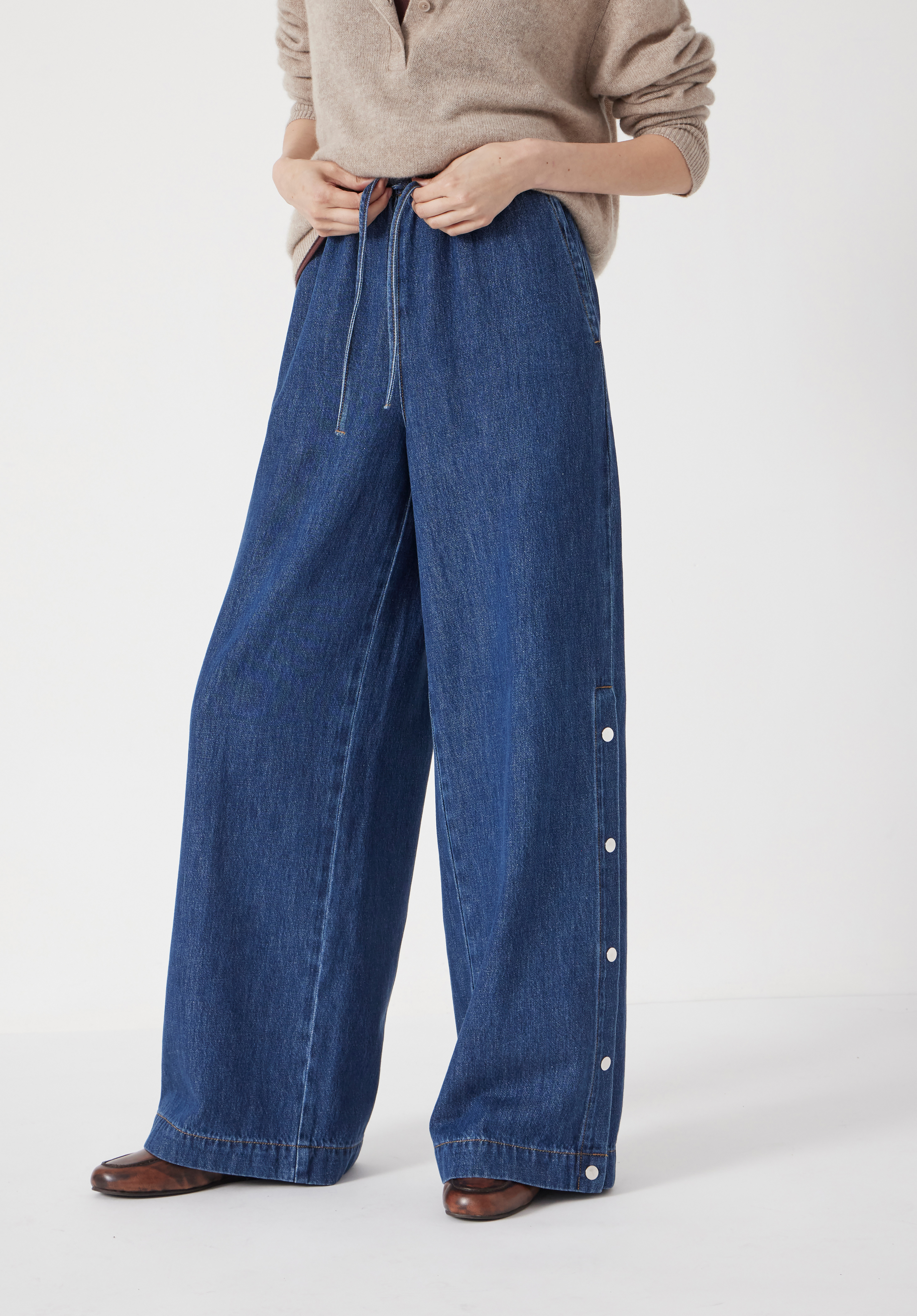 Harri Popper Detail Wide Leg Jeans