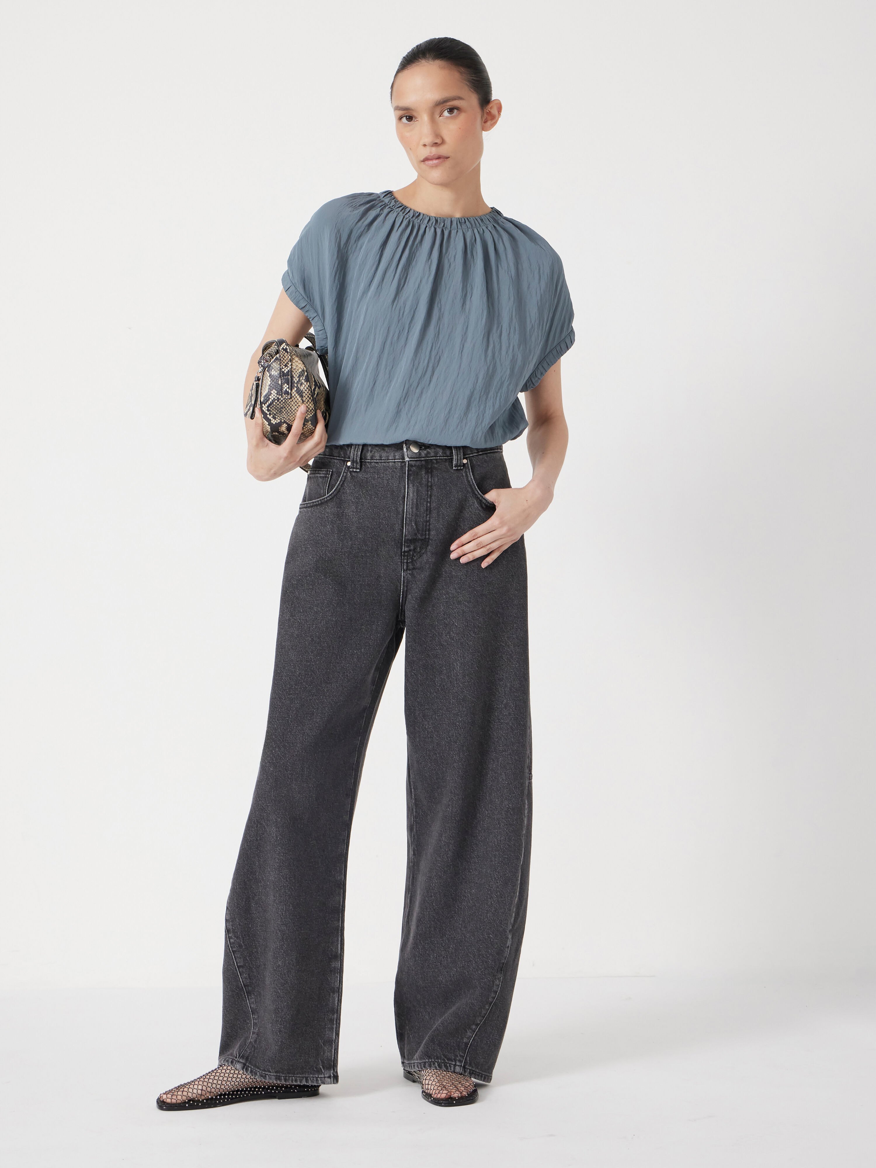 Gathered Crew Neck Detail Top