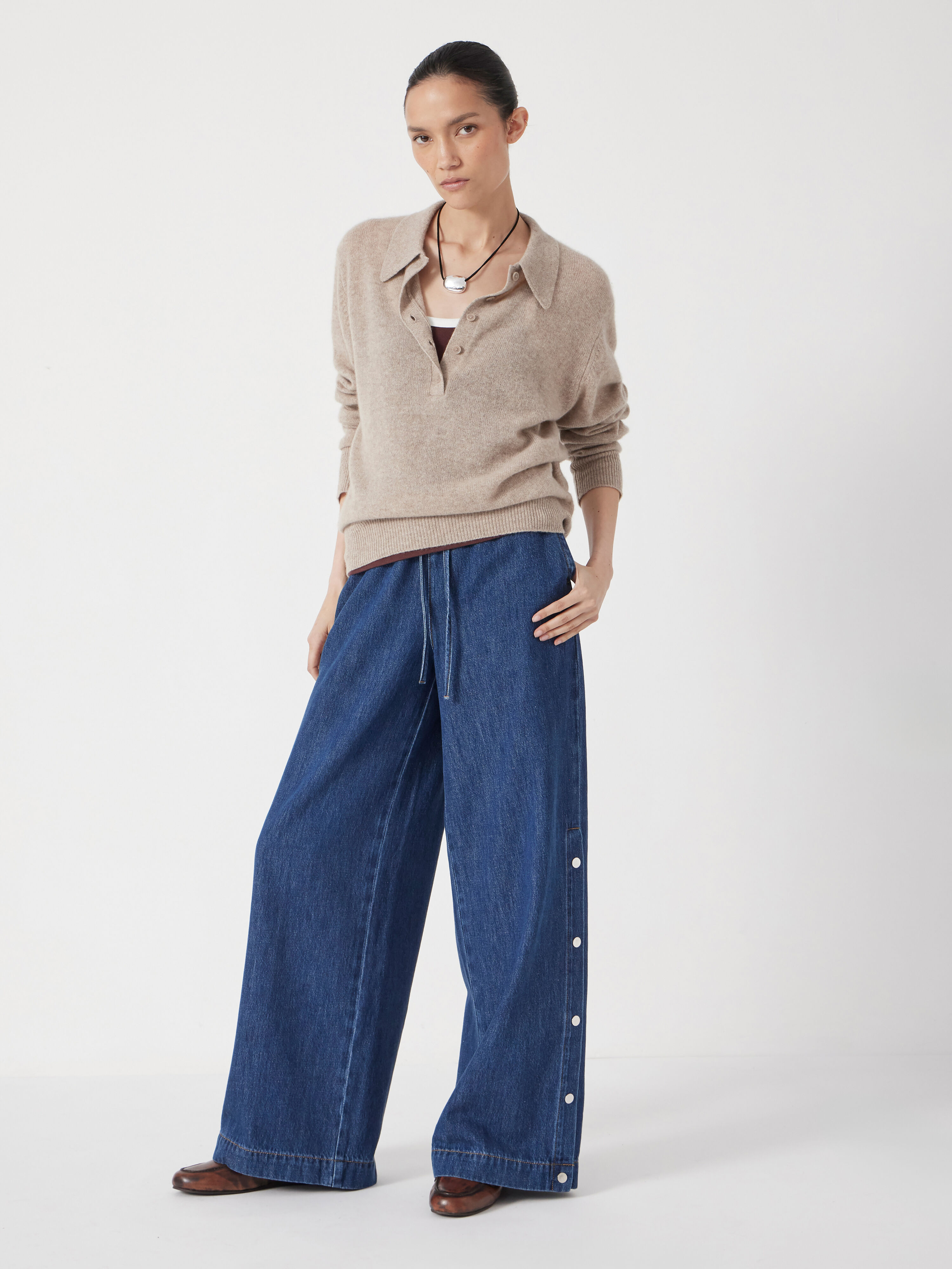 Harri Popper Detail Wide Leg Jeans
