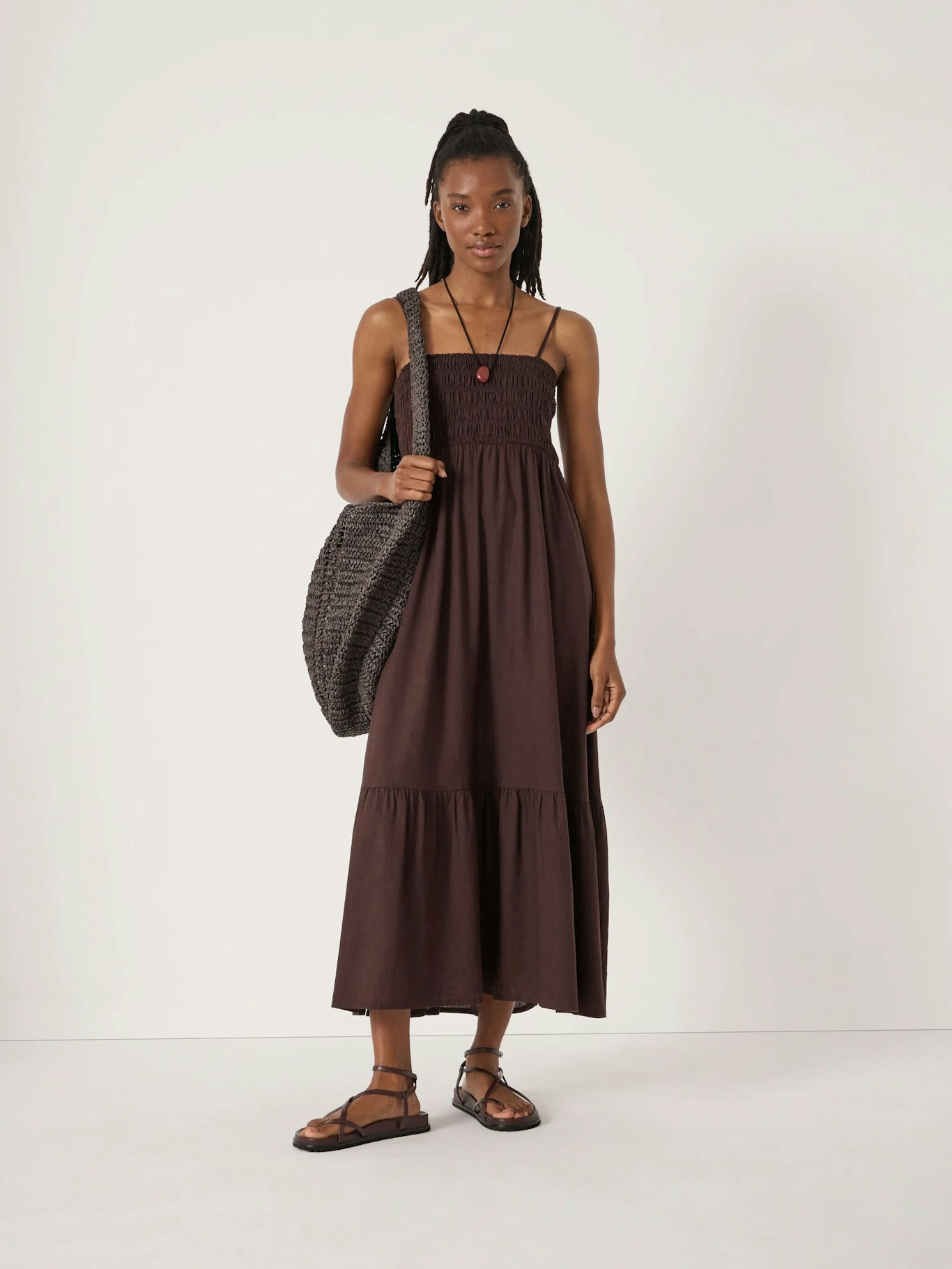 Leni Shirred Linen Beach Dress | Dark Brown | hush Leni Shirred Linen Beach Dress | Dark Brown | hush