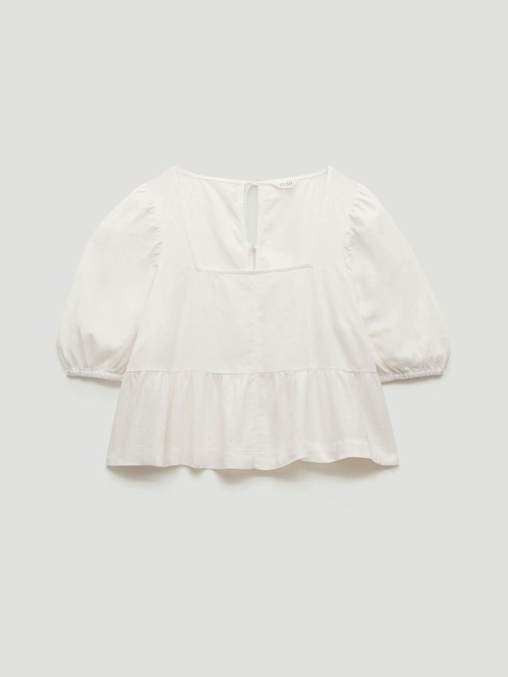 014142-0211-07 Alva Puff Sleeve Linen Beach Top (Pearl White)