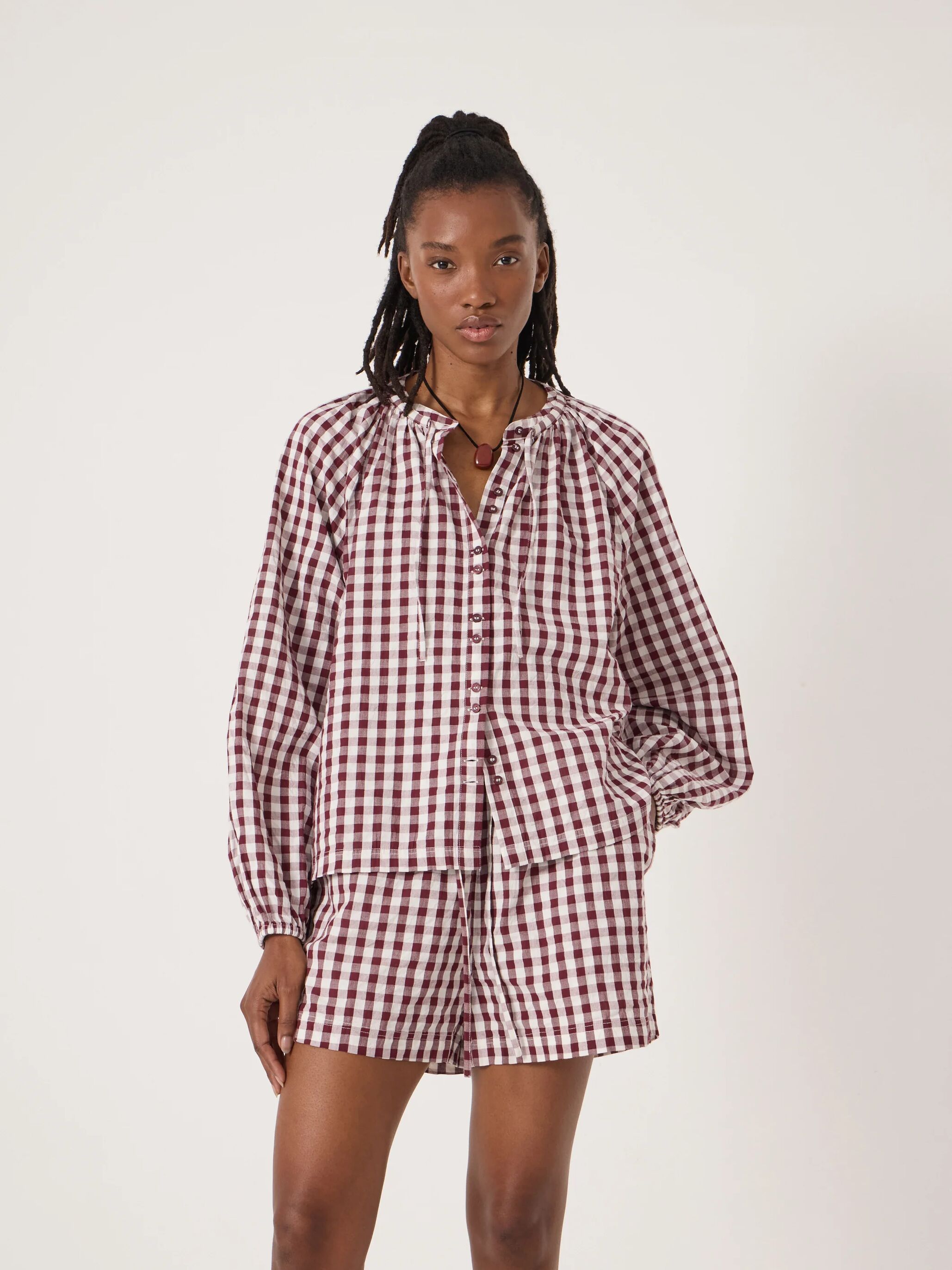 Elsa Gathered Gingham Beach Shirt