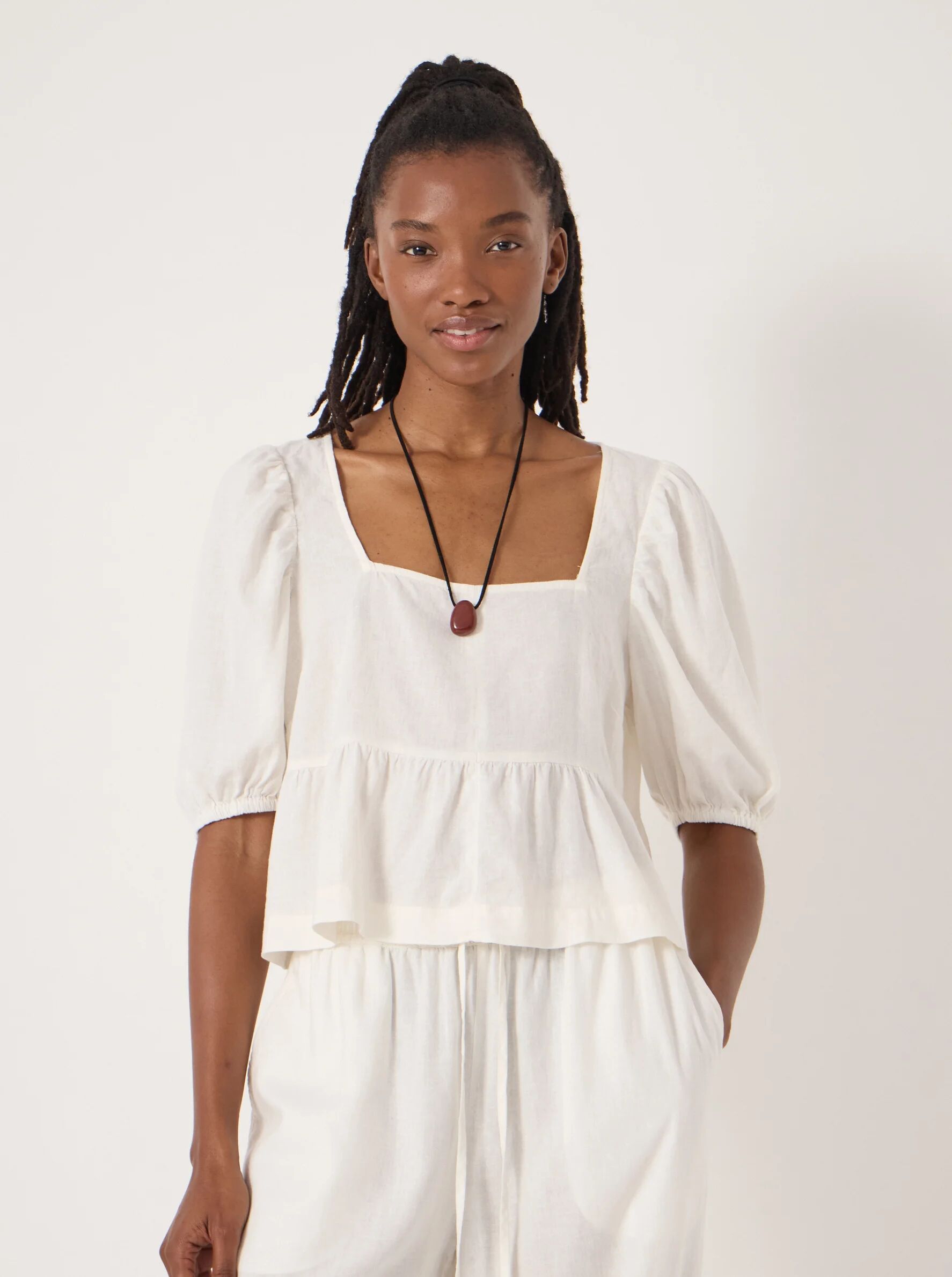 Alva Puff Sleeve Linen Beach Top (Pearl White)