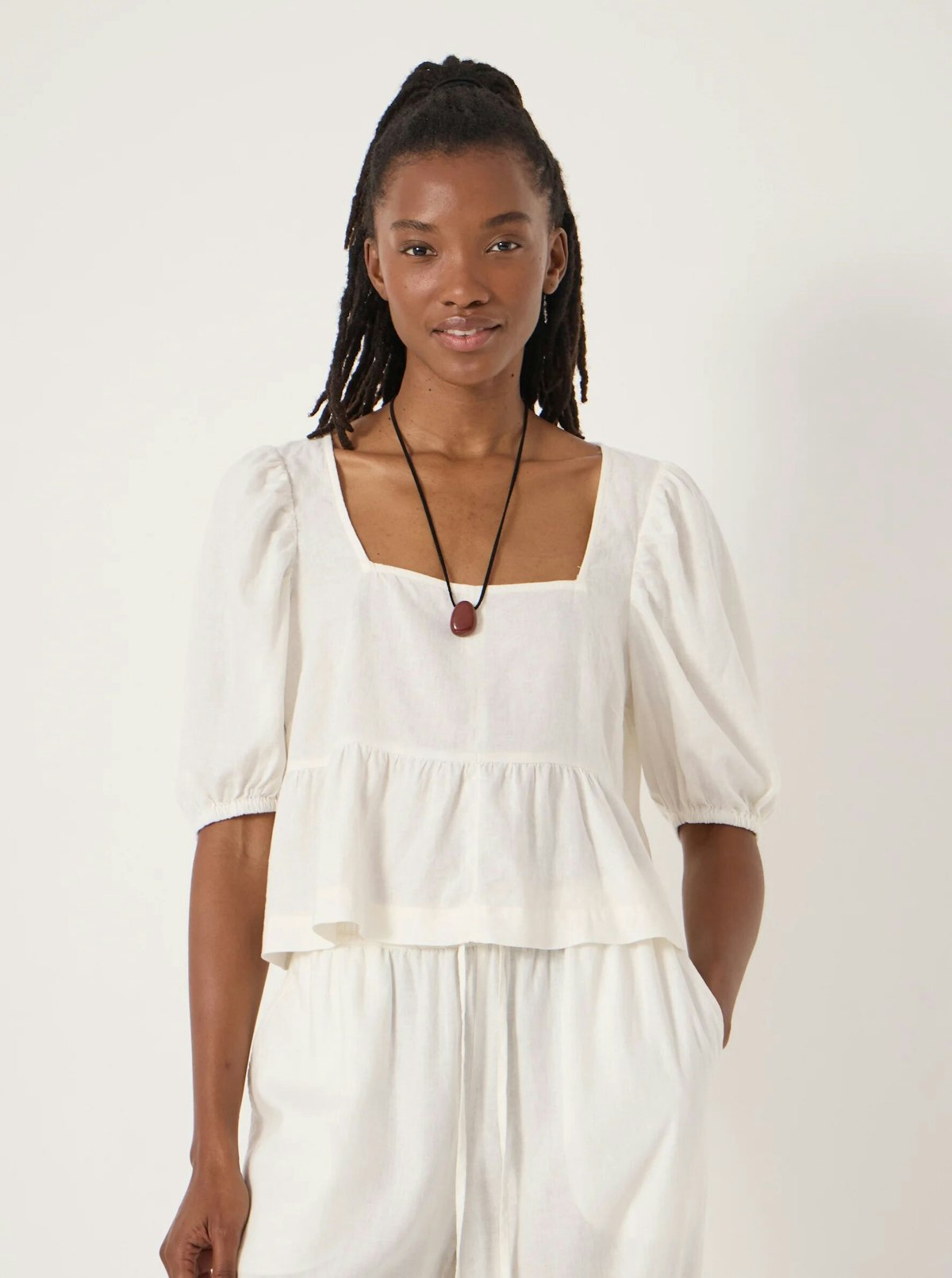 Alva Puff Sleeve Linen Beach Top | Pearl White | hush