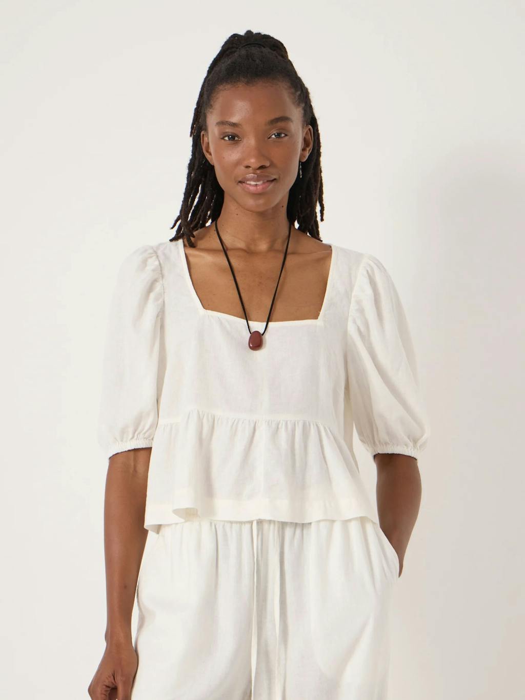 014142-0211-01 Alva Puff Sleeve Linen Beach Top (Pearl White)