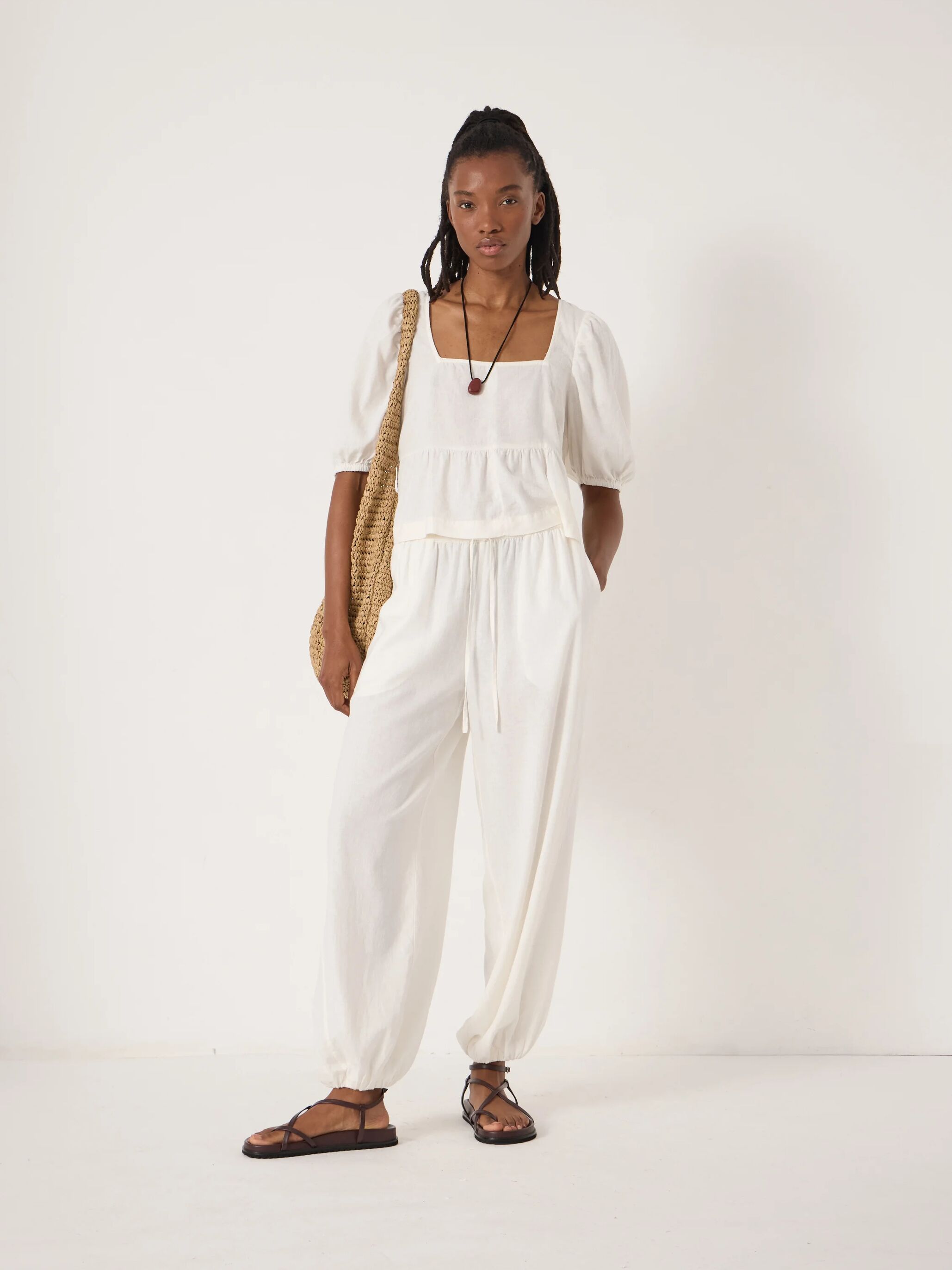 Alva Puff Sleeve Linen Beach Top (Pearl White)