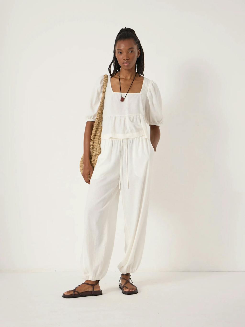 014142-0211-02 Alva Puff Sleeve Linen Beach Top (Pearl White)