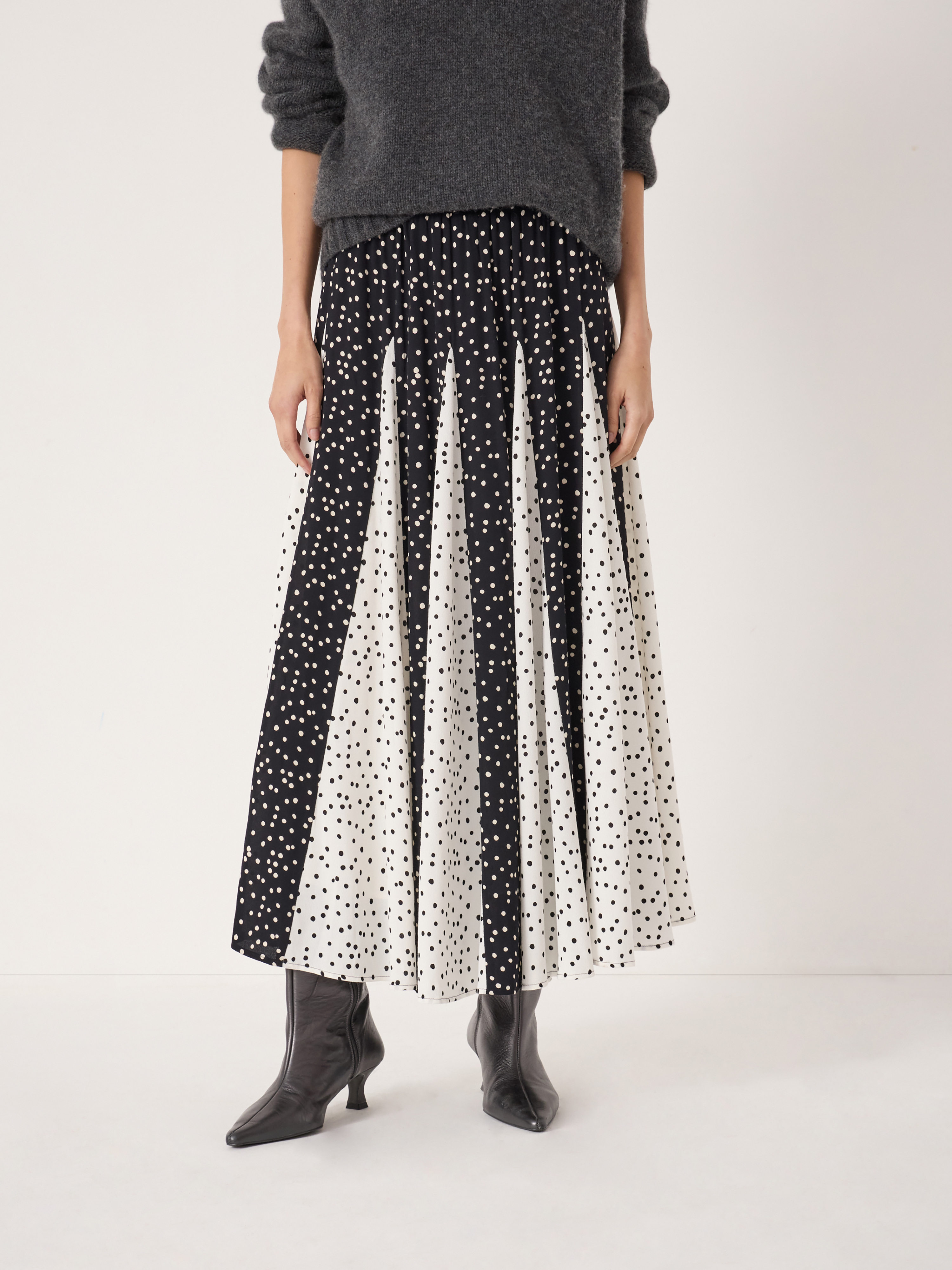 Oti Polka Dot Godet Midi Skirt
