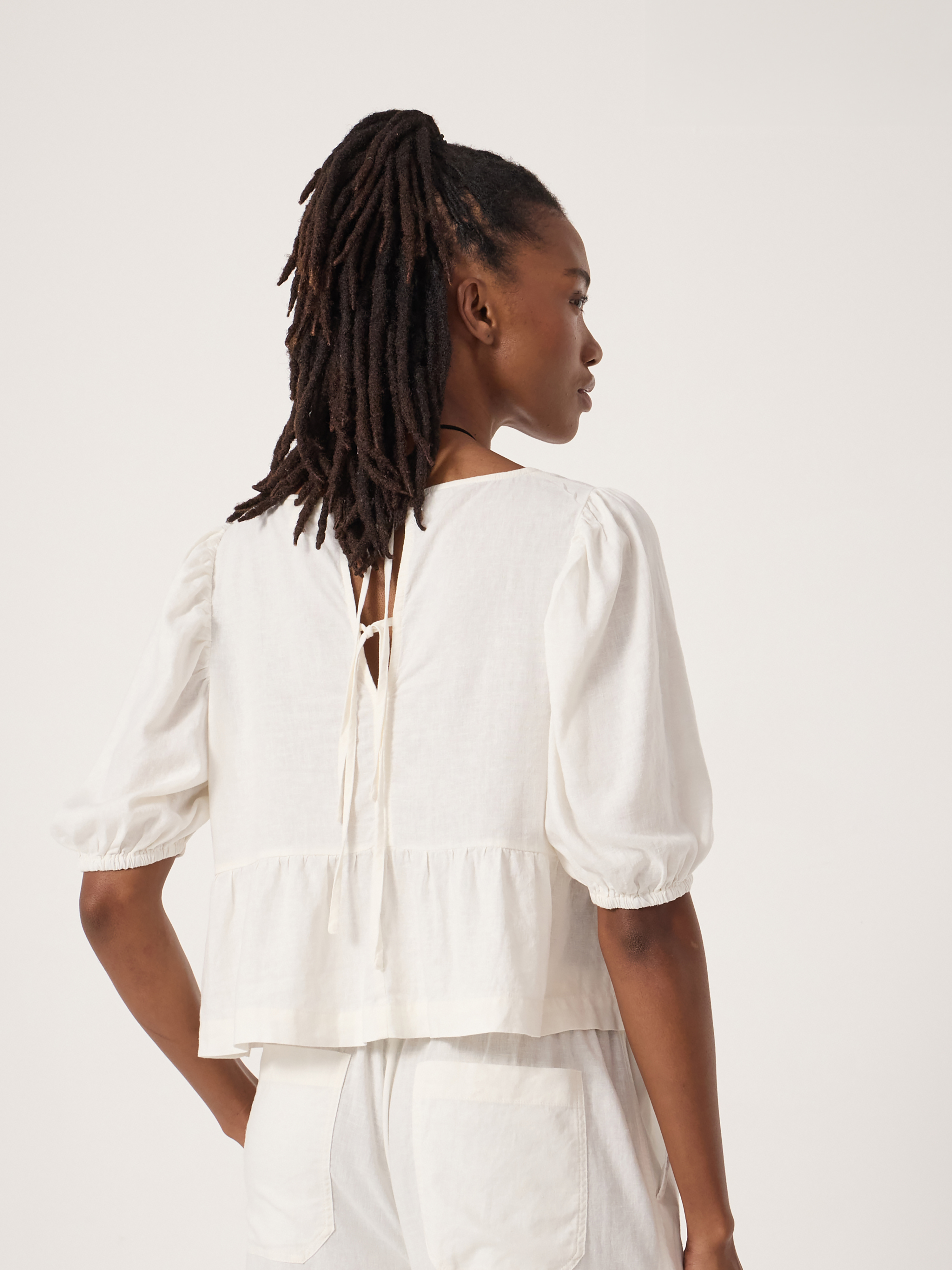 Alva Puff Sleeve Linen Beach Top (Pearl White)