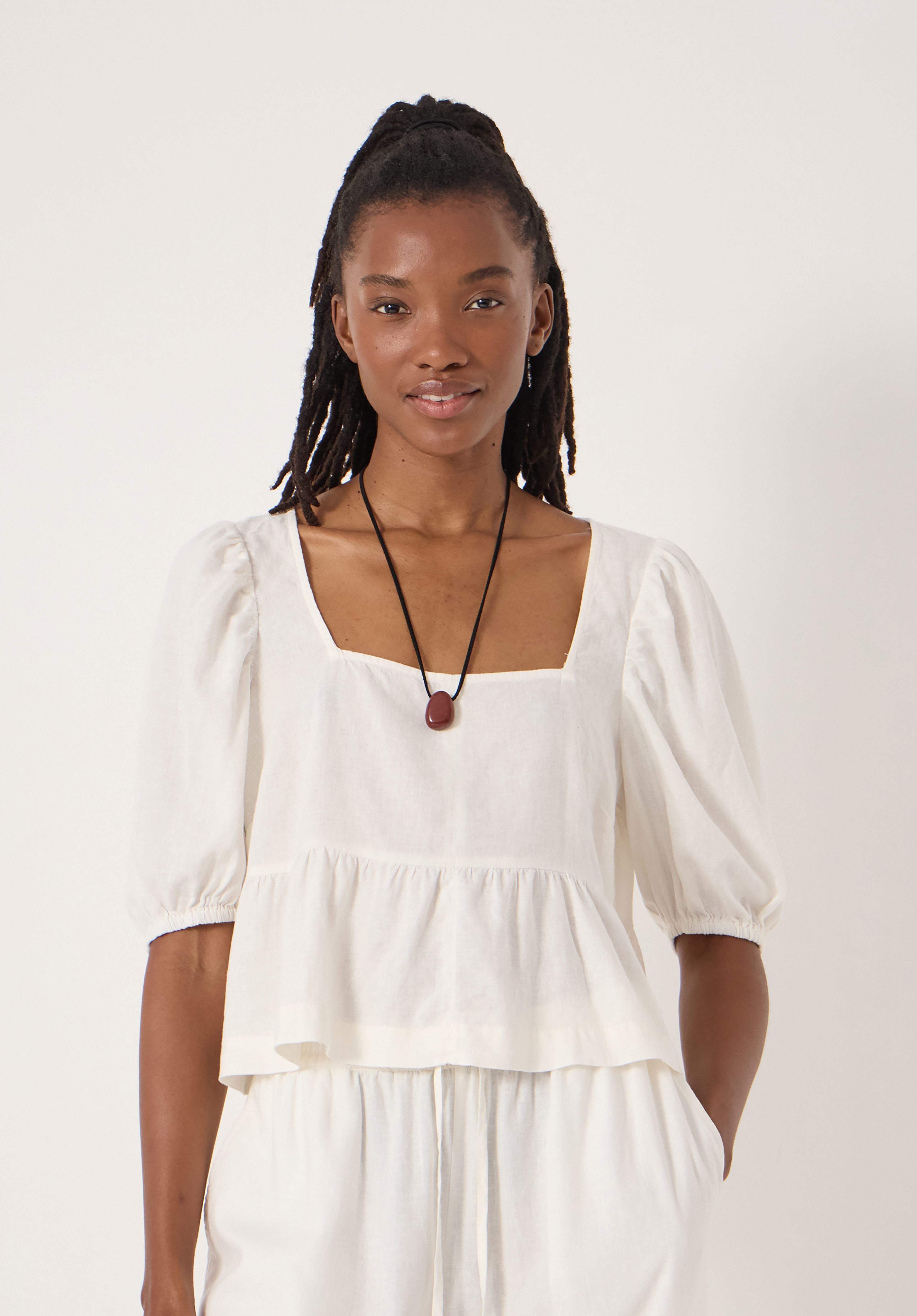 Alva Puff Sleeve Linen Beach Top (Pearl White)