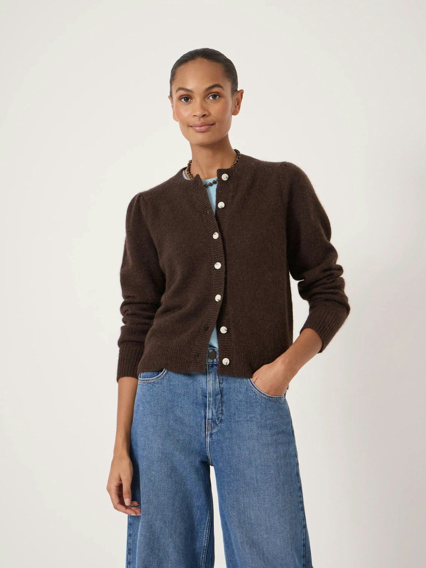 014275-0450-01 Wool Blend Gathered Shoulder Detail Cardigan