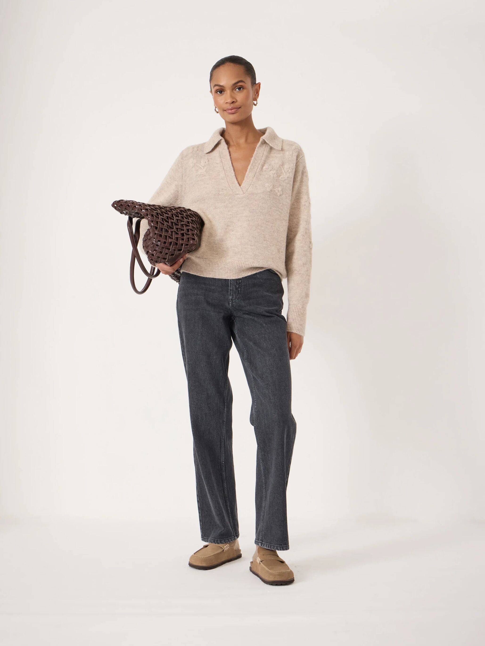 Wool Blend Collar Detail Jumper with Flower Embroidery