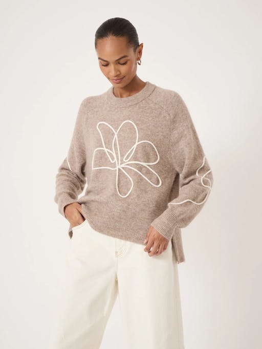 Wool Blend Crew Neck Jumper with Flower Motif