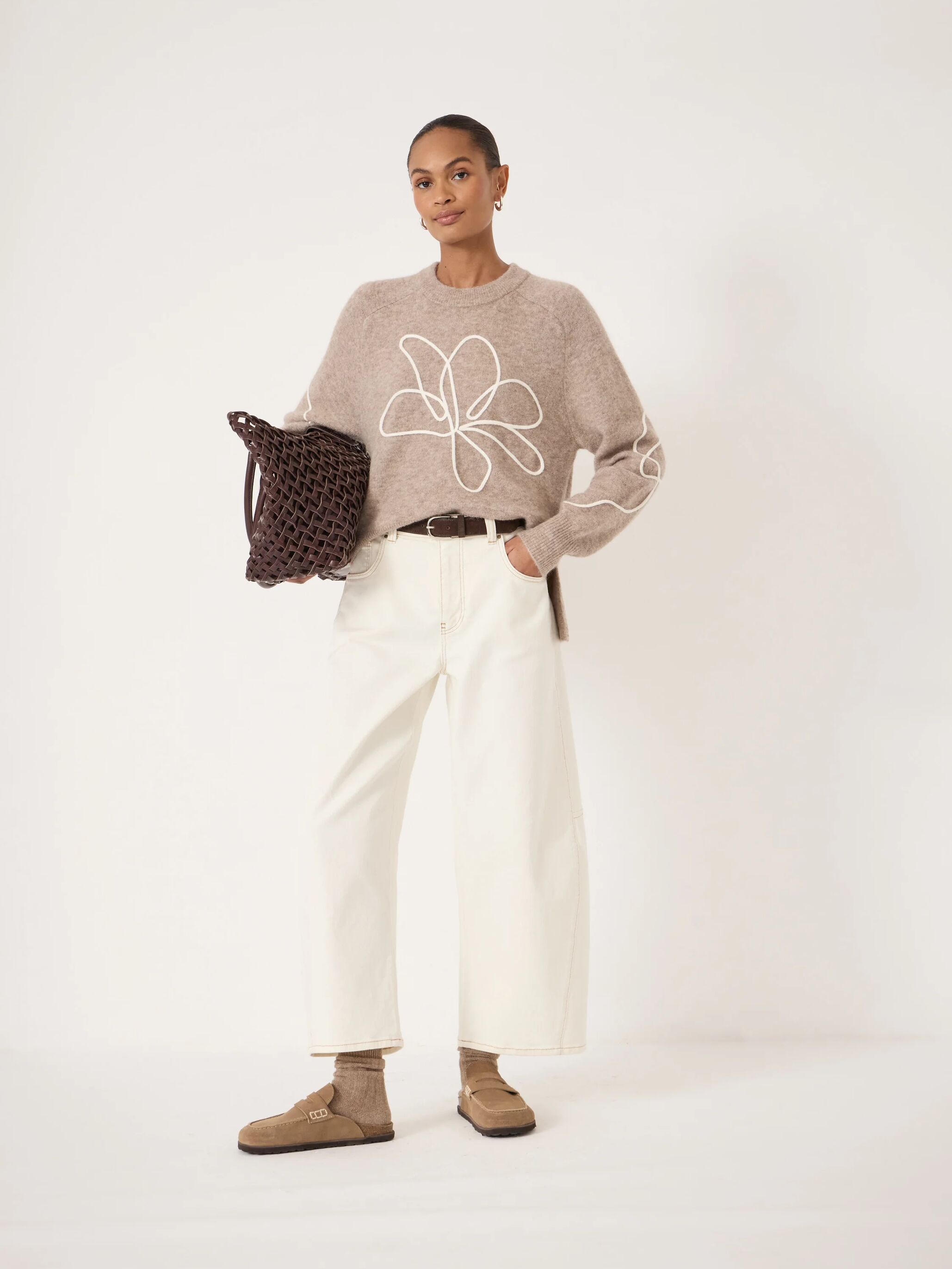Wool Blend Crew Neck Jumper with Flower Motif