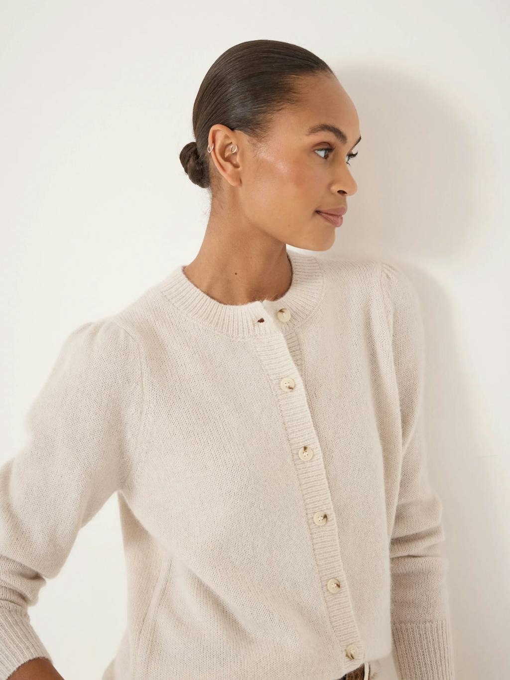 014275-0340-04 Wool Blend Gathered Shoulder Detail Cardigan