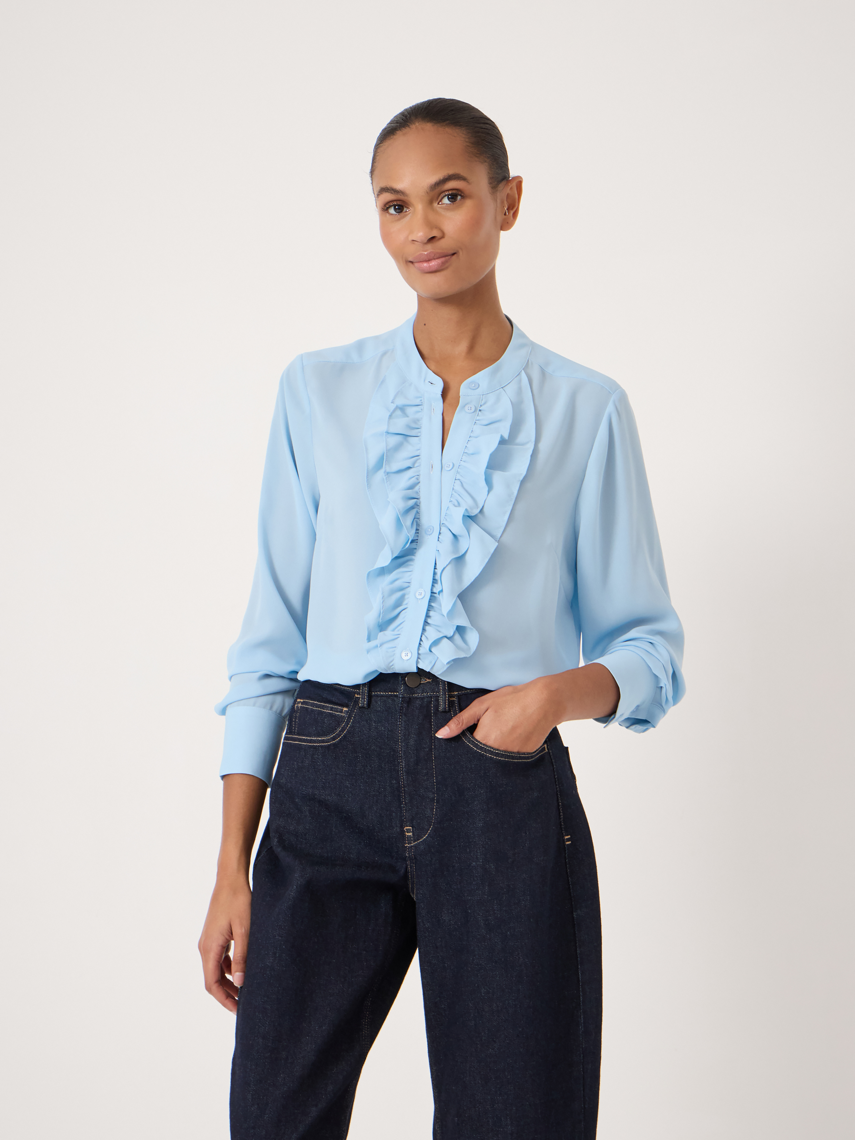 Pale Moon Waybackmachine Ruffle Elowen Long Sleeve Ruffle Shirt - Pale Blue | Hush