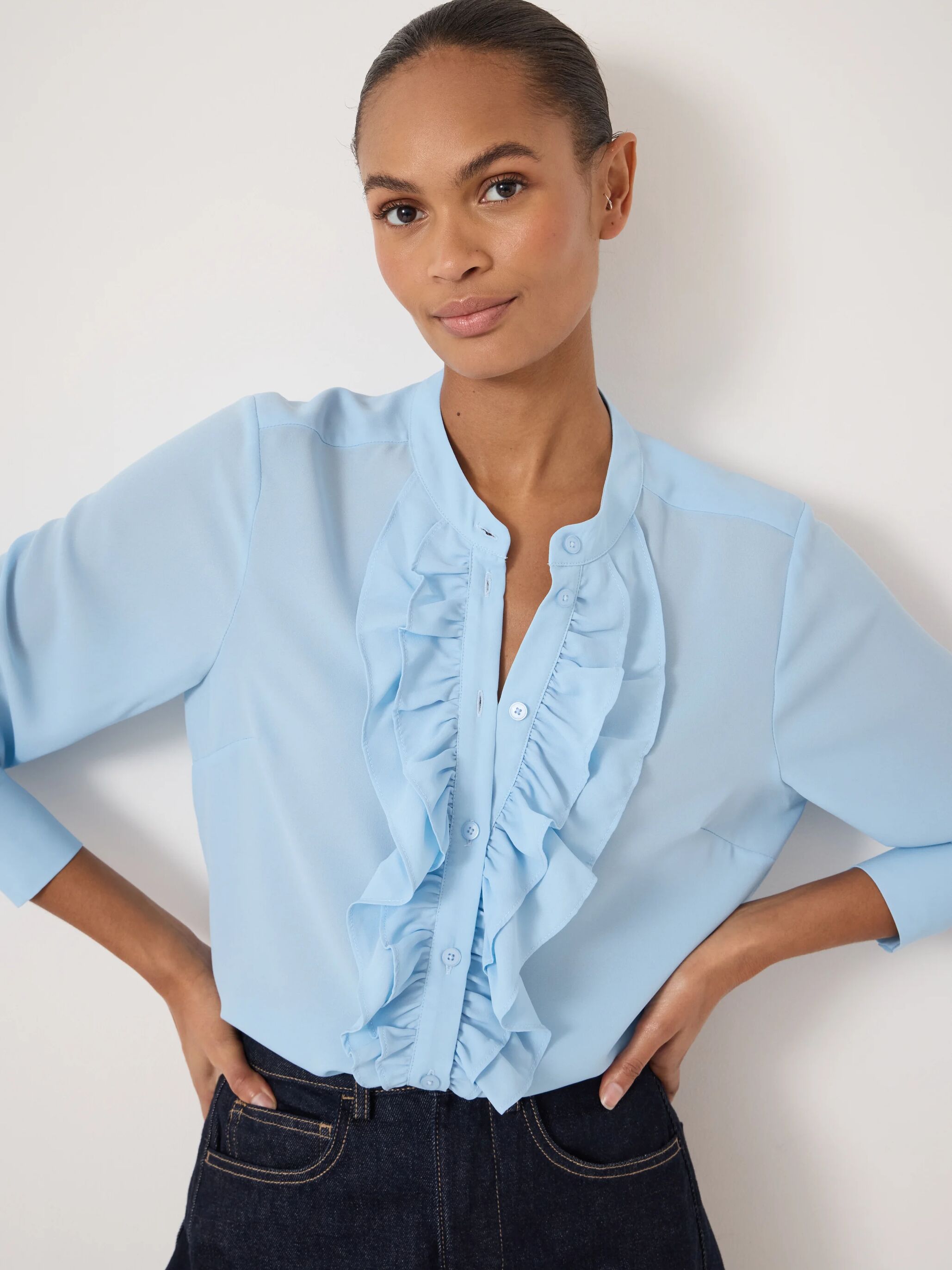 Pale Moon Waybackmachine Ruffle Elowen Long Sleeve Ruffle Shirt - Pale Blue | Hush