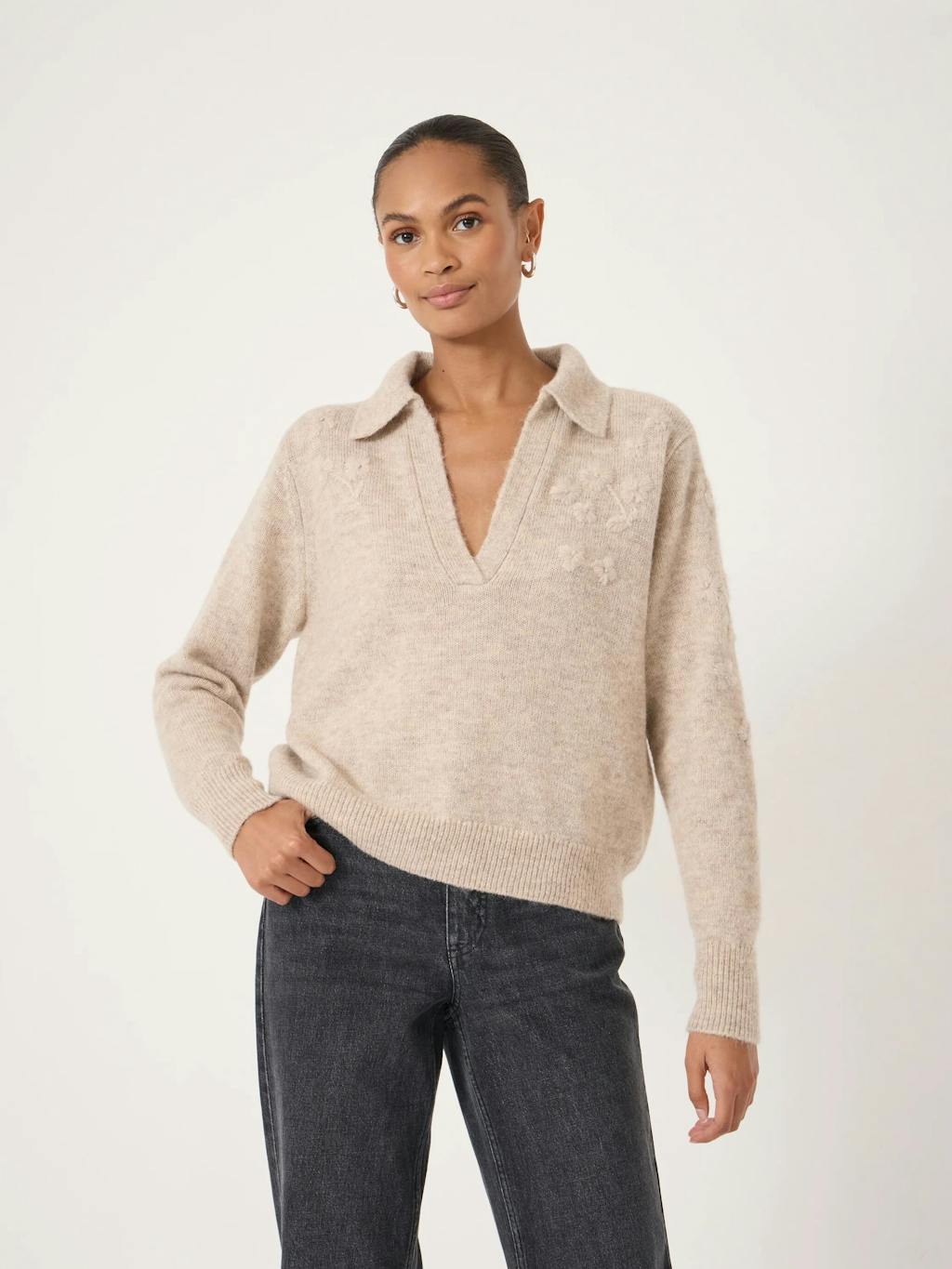 014569-2860-01 Wool Blend Collar Detail Jumper with Flower Embroidery