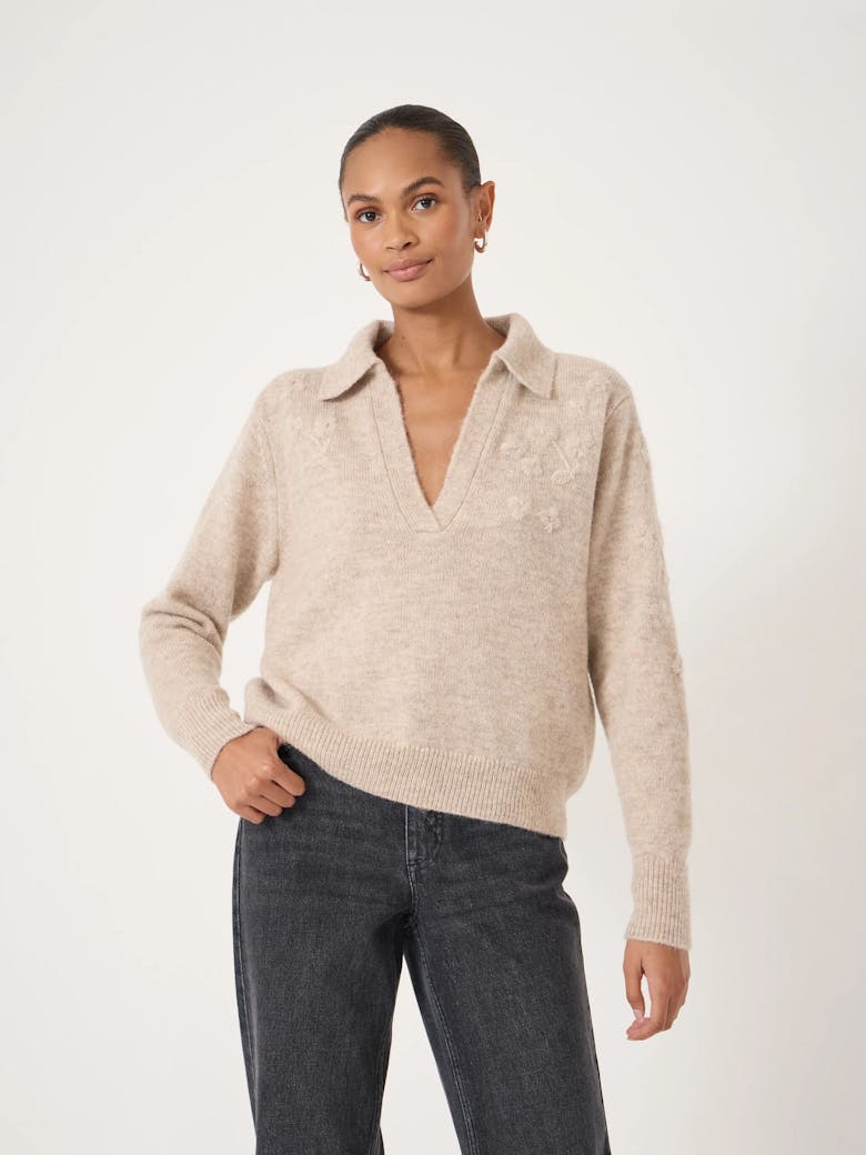 Wool Blend Collar Detail Jumper with Flower Embroidery