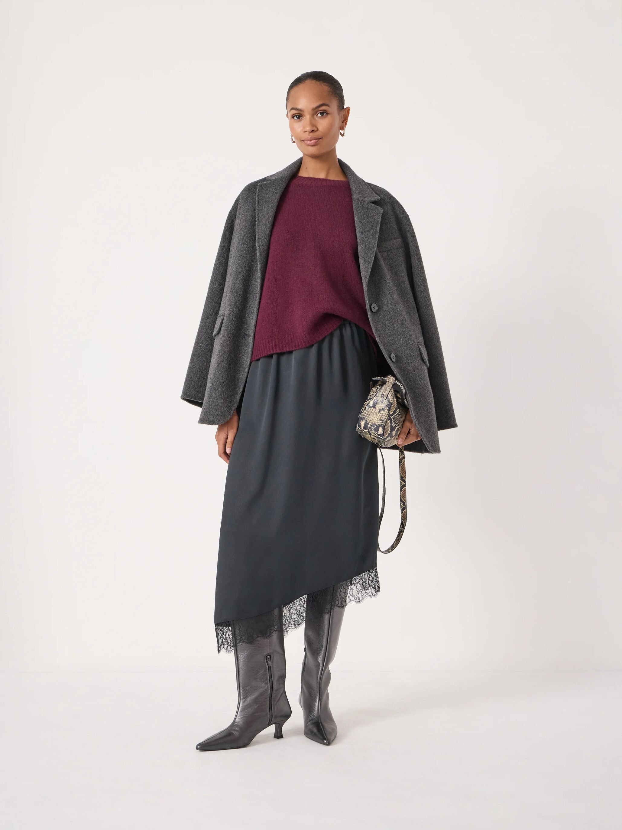 Satin Asymmetric Lace Trim Skirt