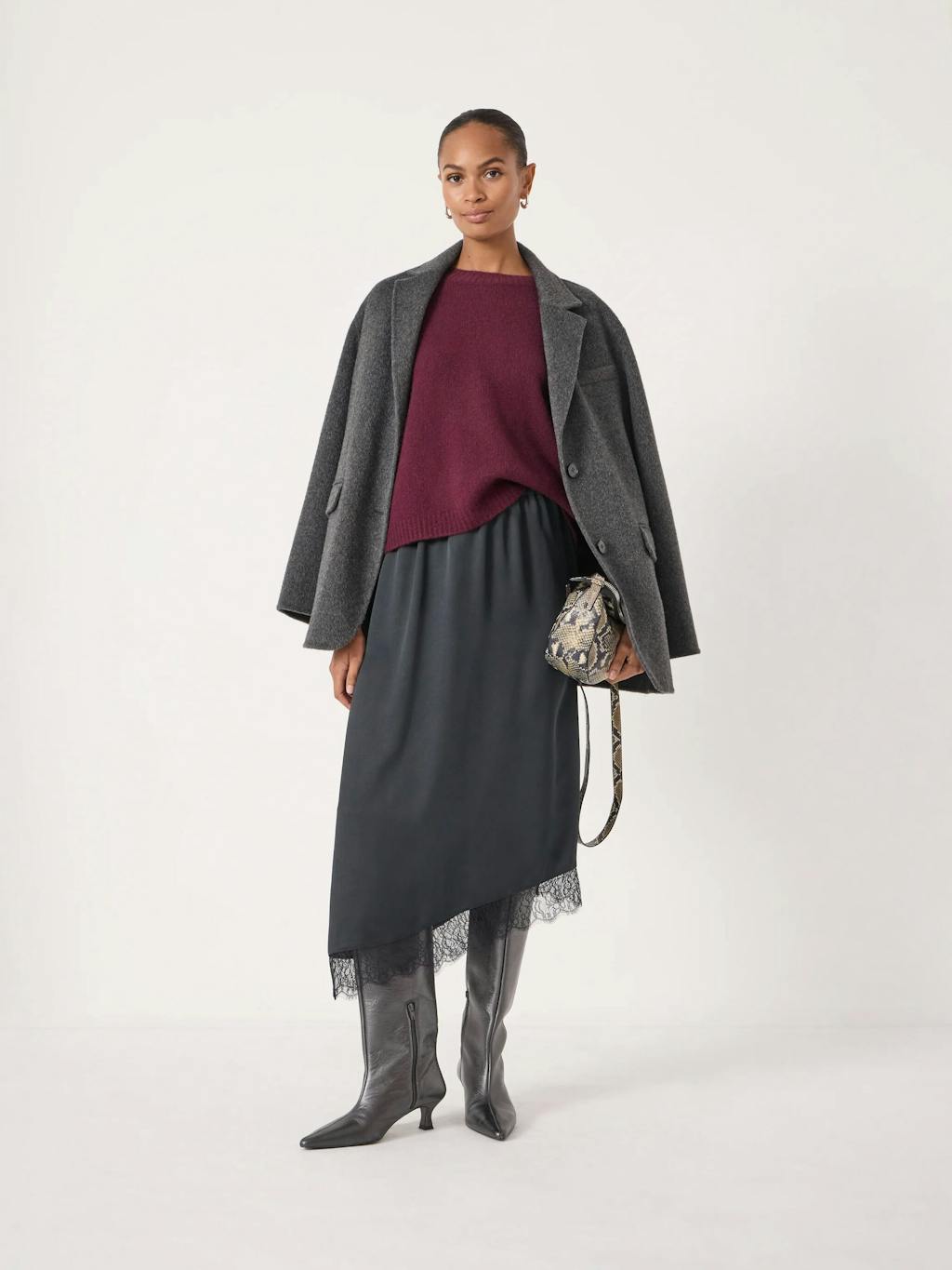 013947-0456-01 Satin Asymmetric Lace Trim Skirt