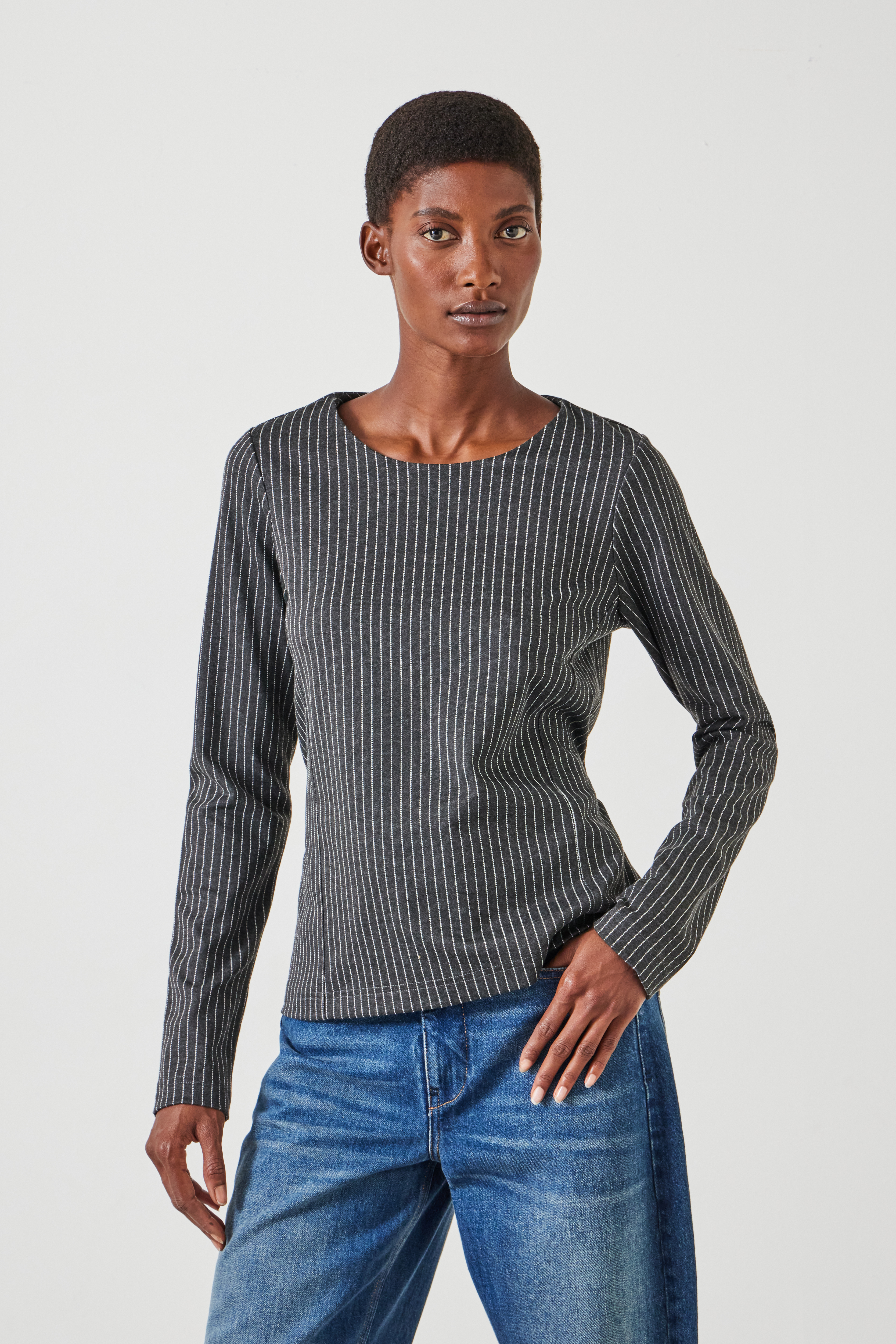 Tie Back Seamed Top - Grey Pinstripe