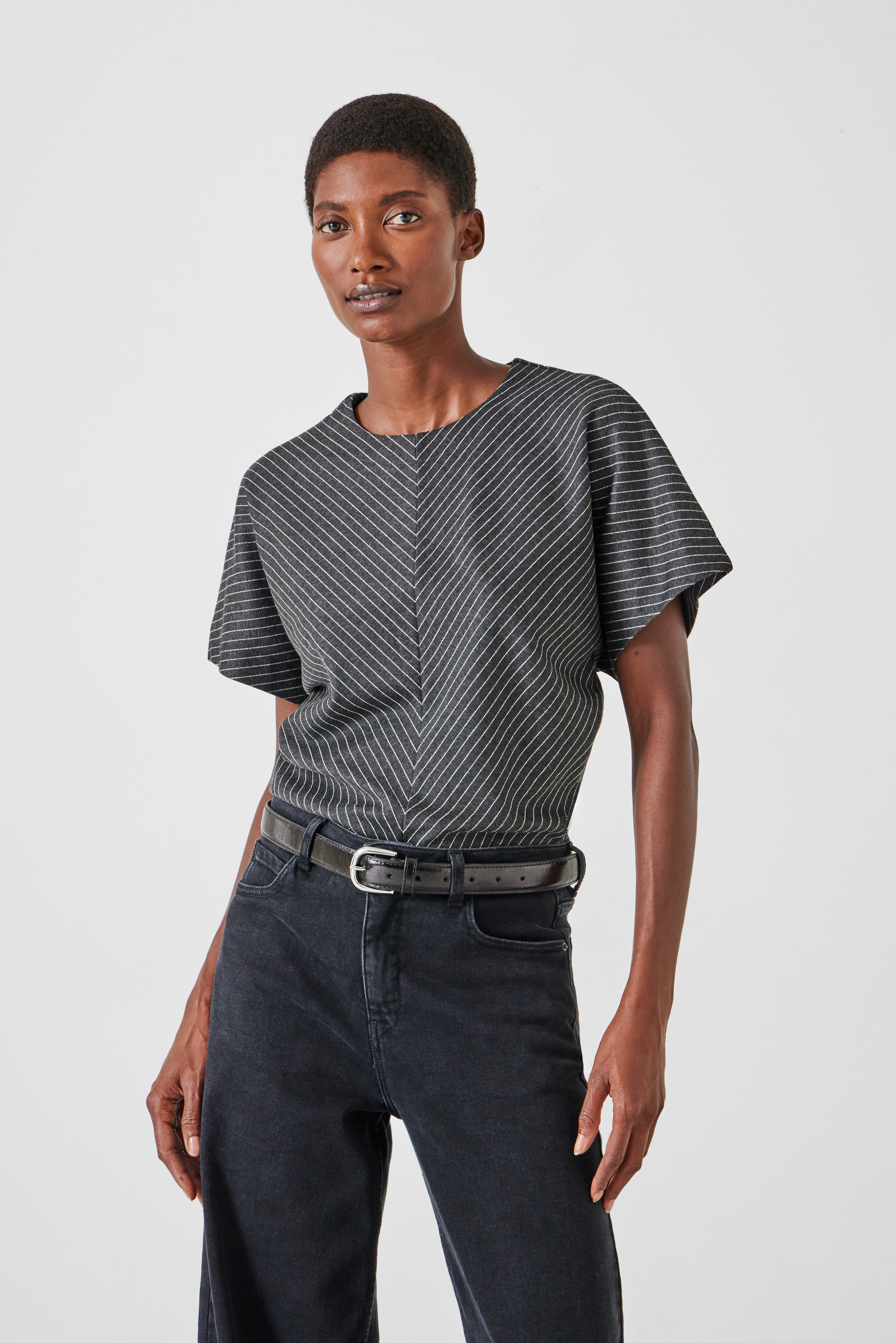 Seam Detail Short Sleeve Top | Grey Pinstripe | hush