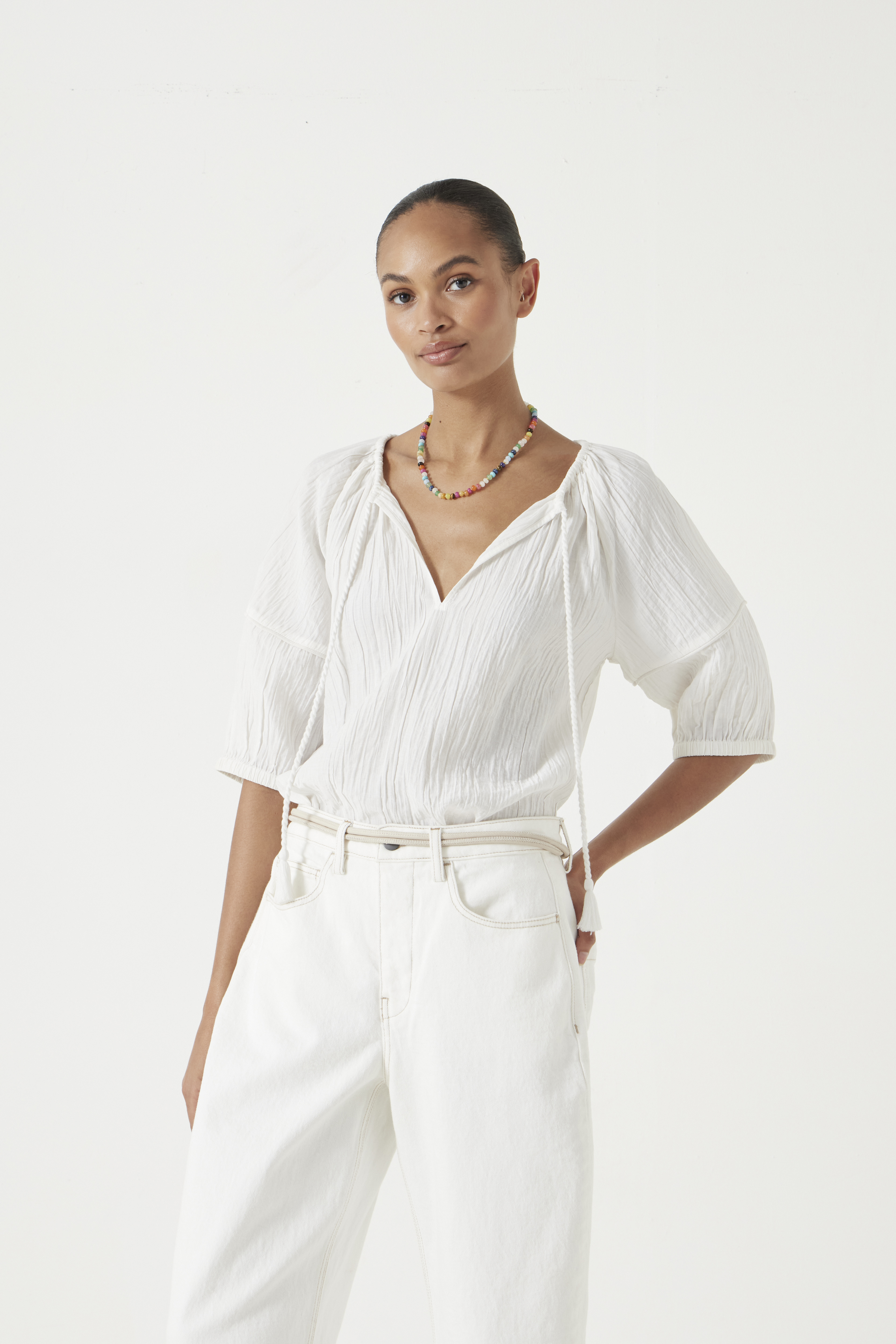 Mae Crinkle Balloon Sleeve Blouse - Cream Black Stitch | Hush