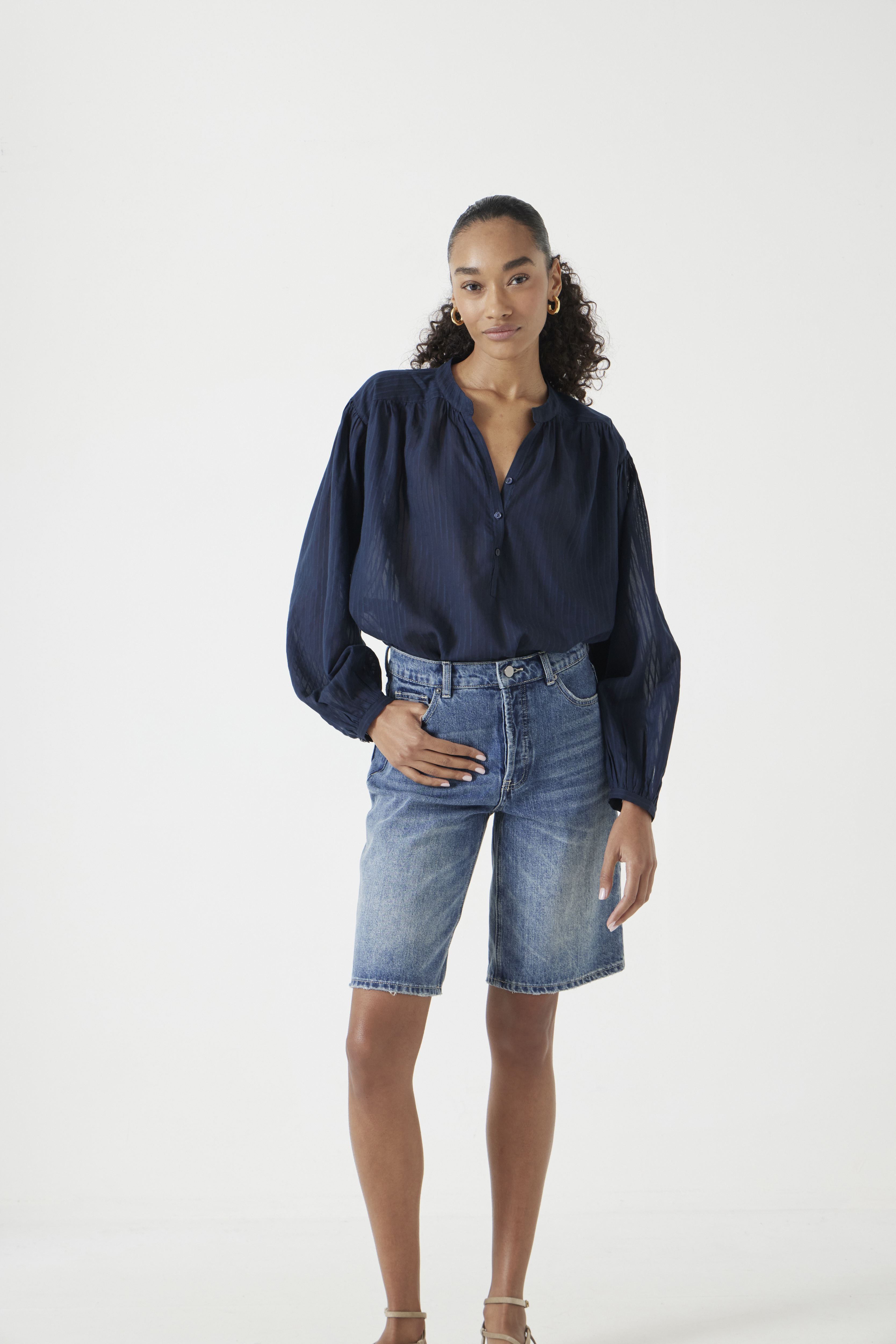 Bea Textured Stripe Blouse - Washed Navy