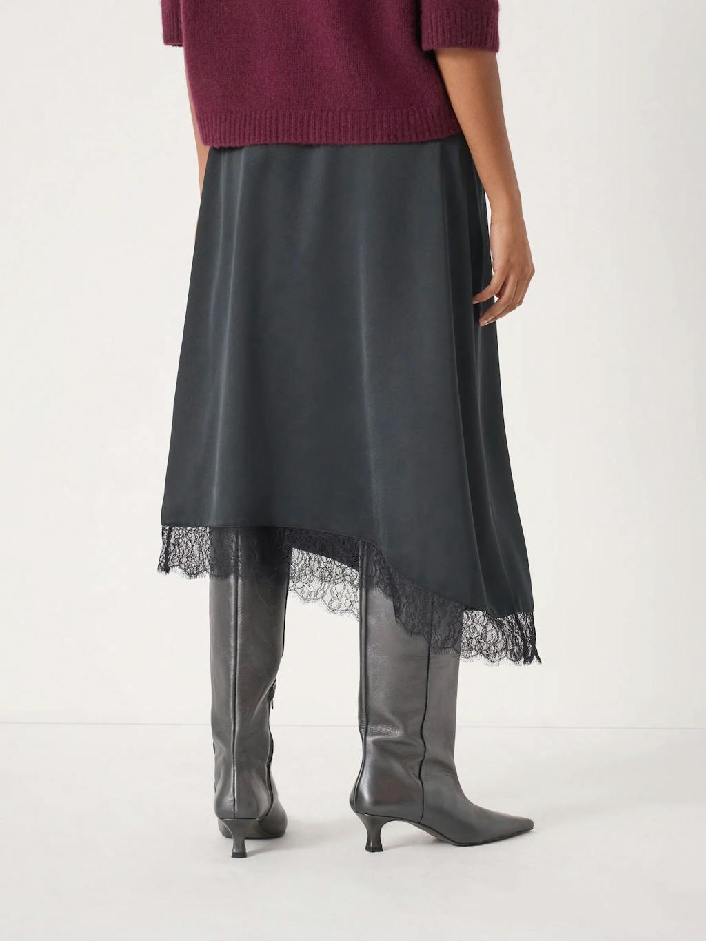 013947-0456-02 Satin Asymmetric Lace Trim Skirt