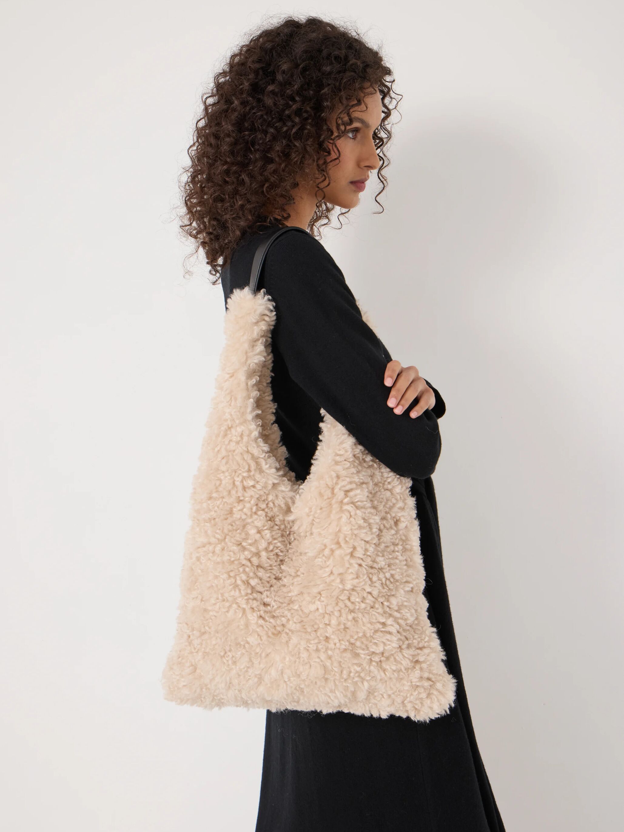 Faux Sheepskin Slouchy Tote Bag | Ecru White | hush