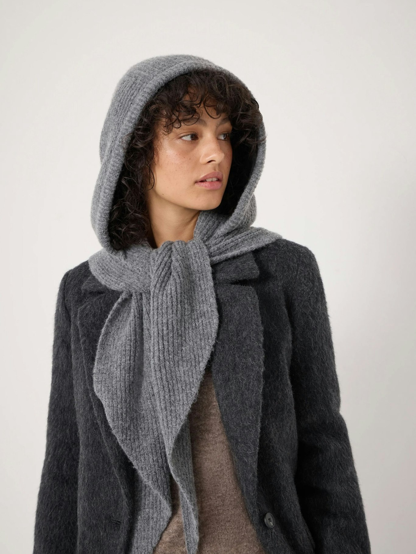 Crochet Ribbing Edge Knitted Hooded Scarf - Light Grey Marl | Hush