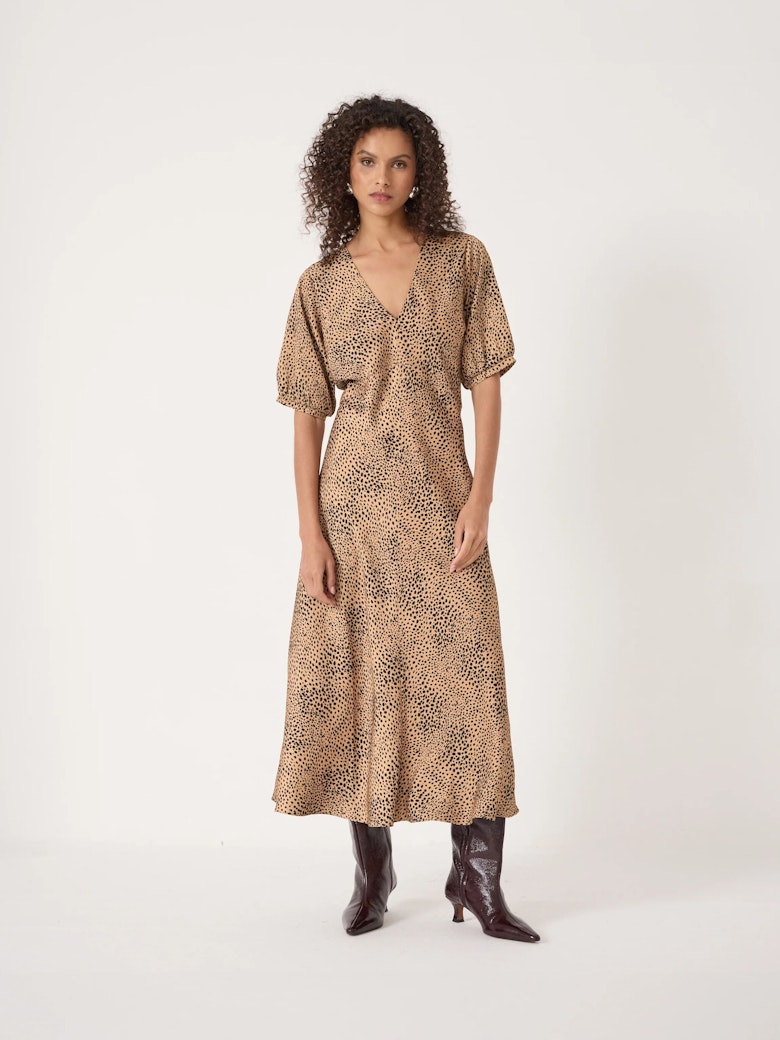Grace V-Neck Puff Sleeve Satin Dress