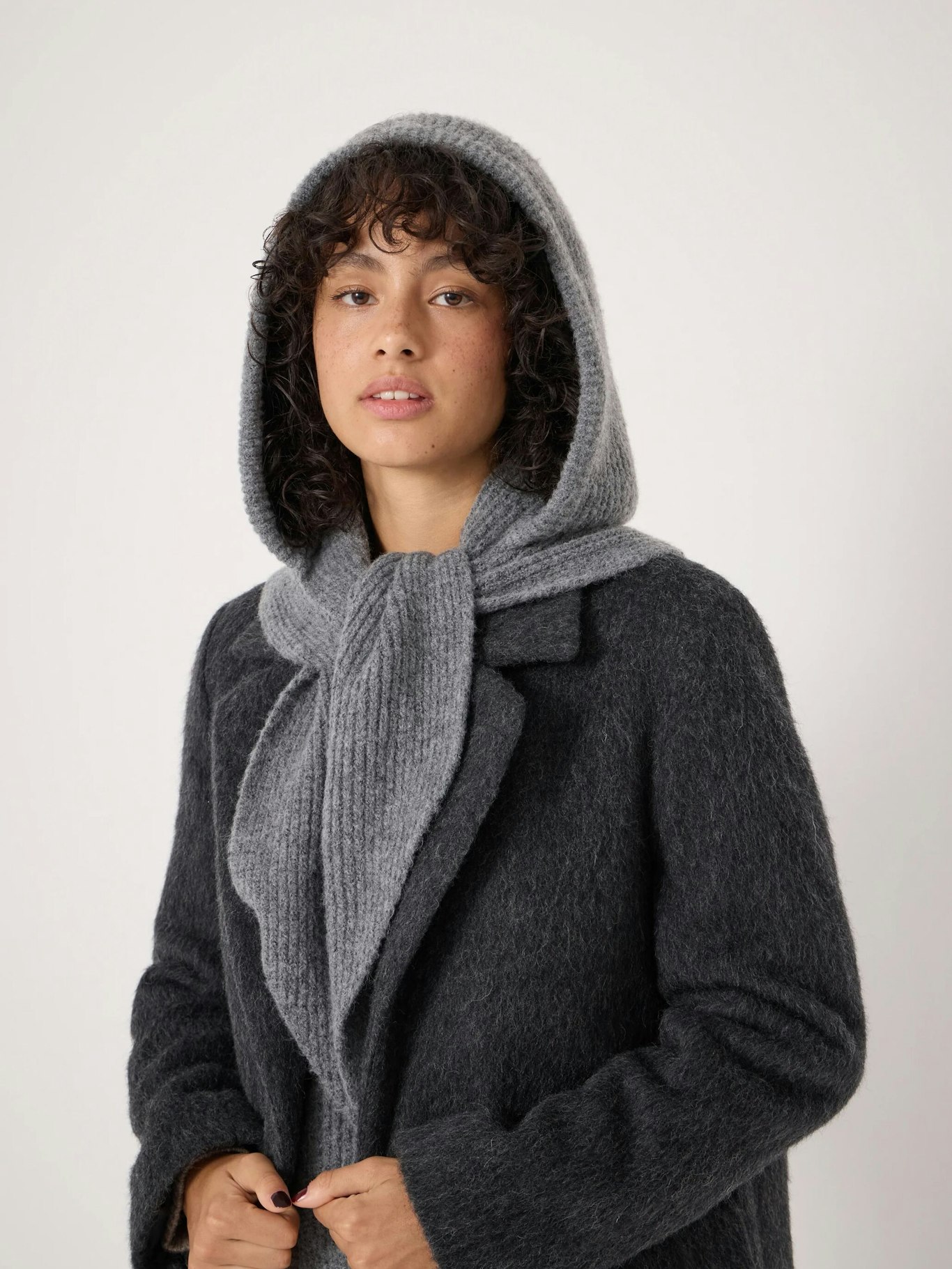 Crochet Ribbing Edge Knitted Hooded Scarf - Light Grey Marl | Hush