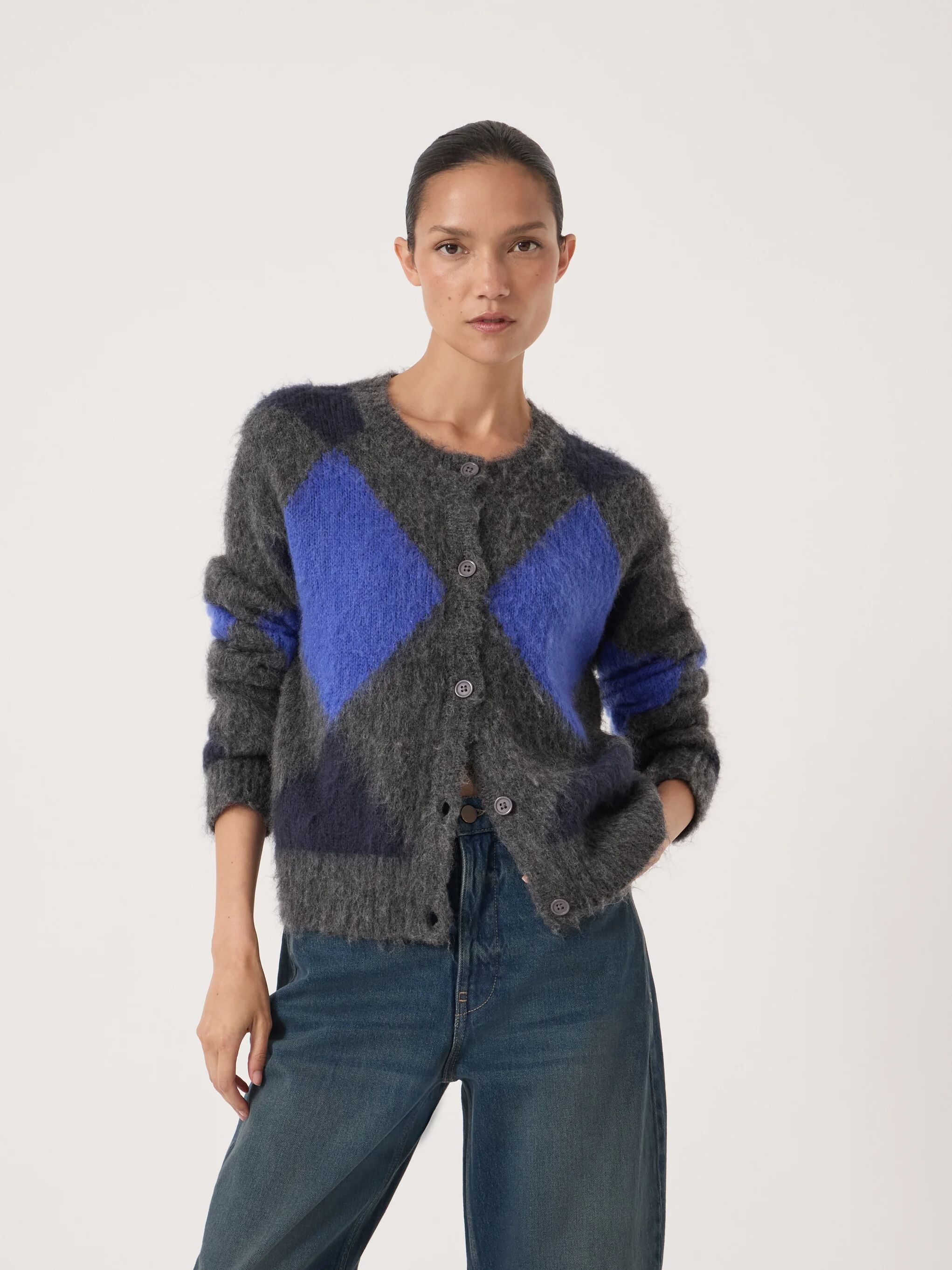 Brushed Argyle Alpaca Blend Cardigan