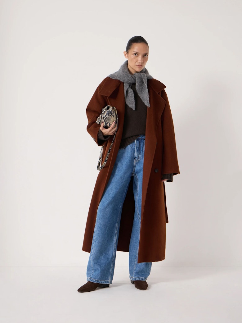 Pure Wool Double Faced Funnel Neck Belted Coat