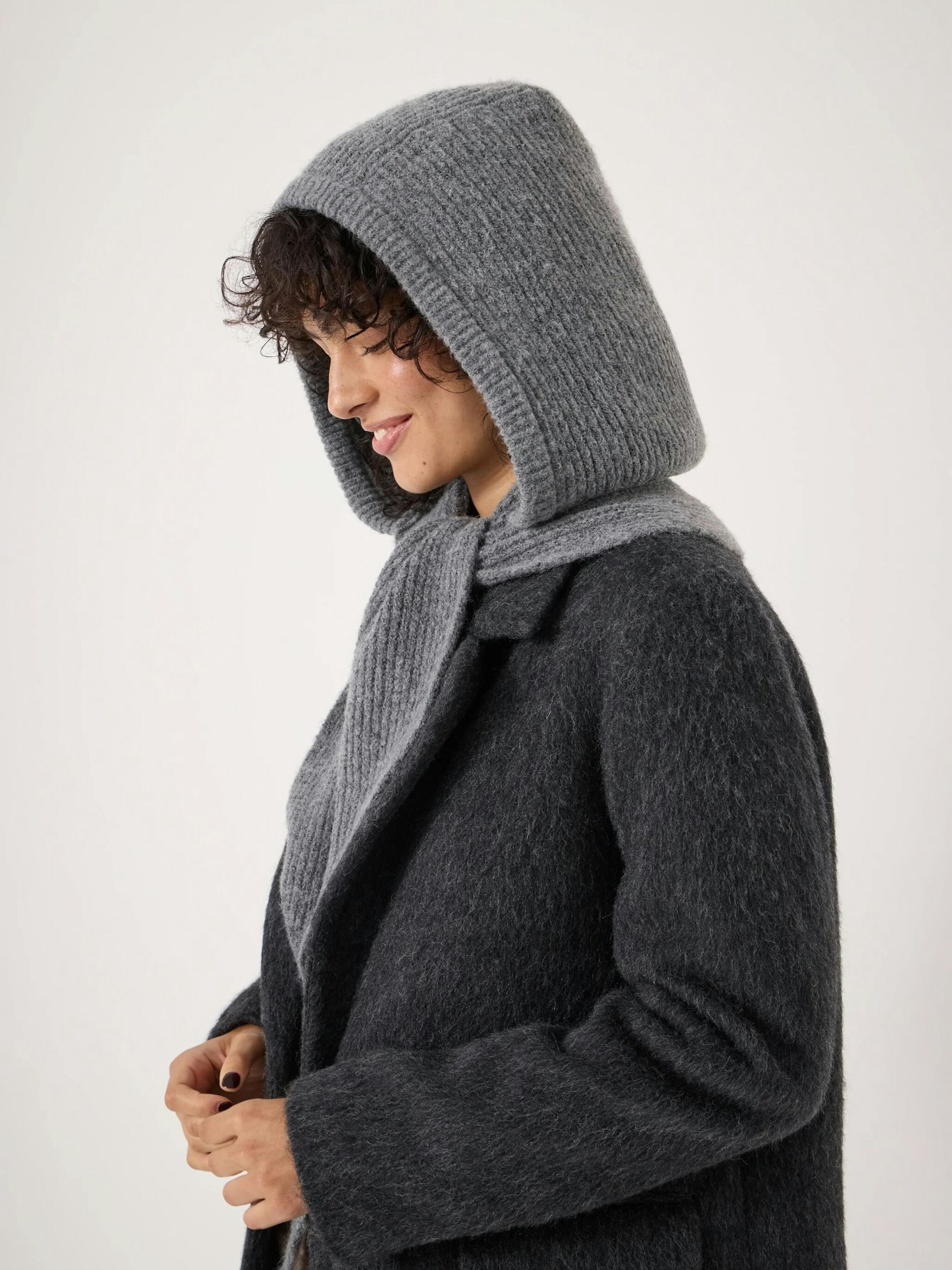 Crochet Ribbing Edge Knitted Hooded Scarf - Light Grey Marl | Hush