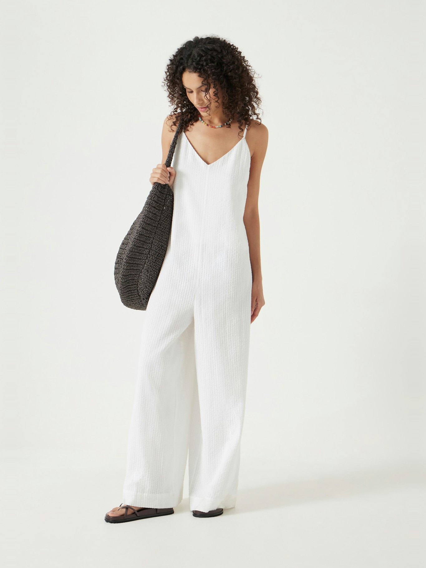 013064-0001-01 Seersucker Cotton Wide Leg Jumpsuit