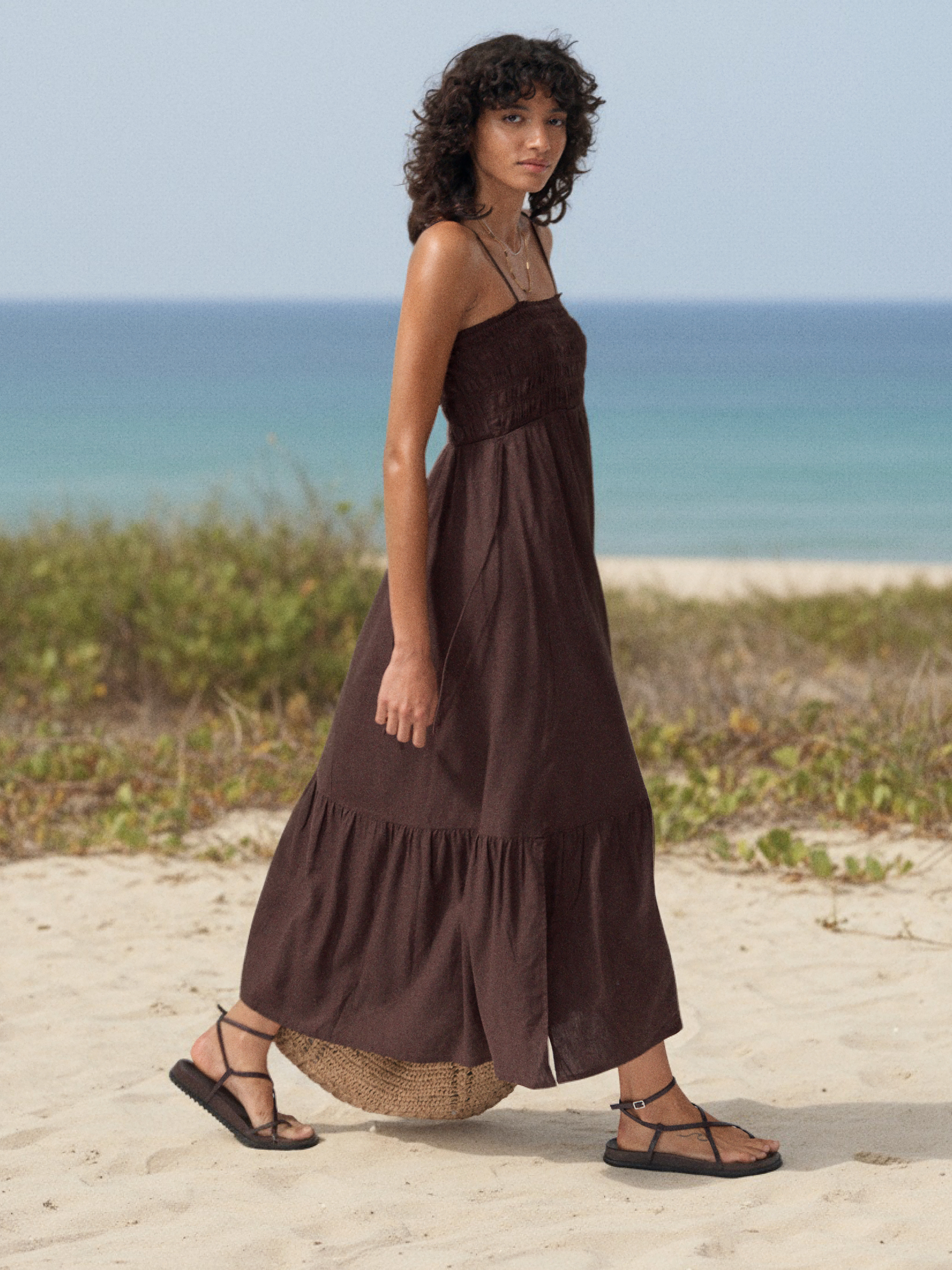 Leni Shirred Linen Beach Dress