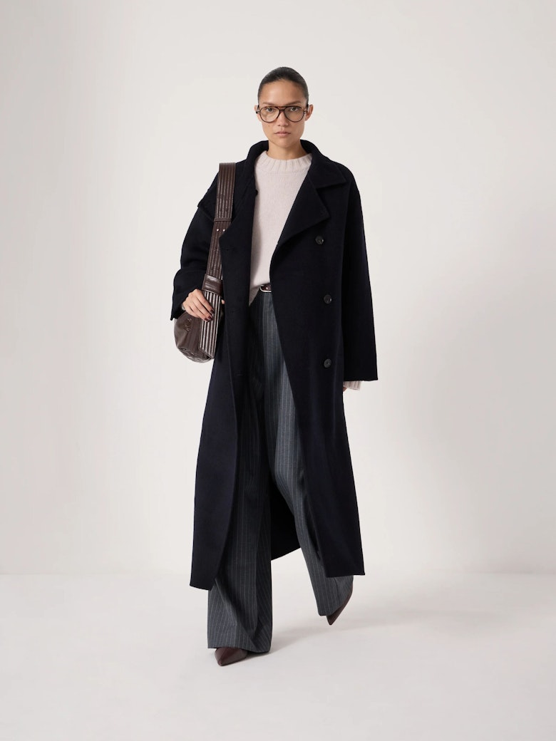 Pure Wool Double Faced Funnel Neck Belted Coat