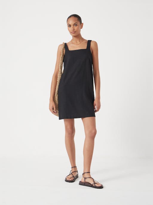 Square Neck Linen Blend Mini Dress