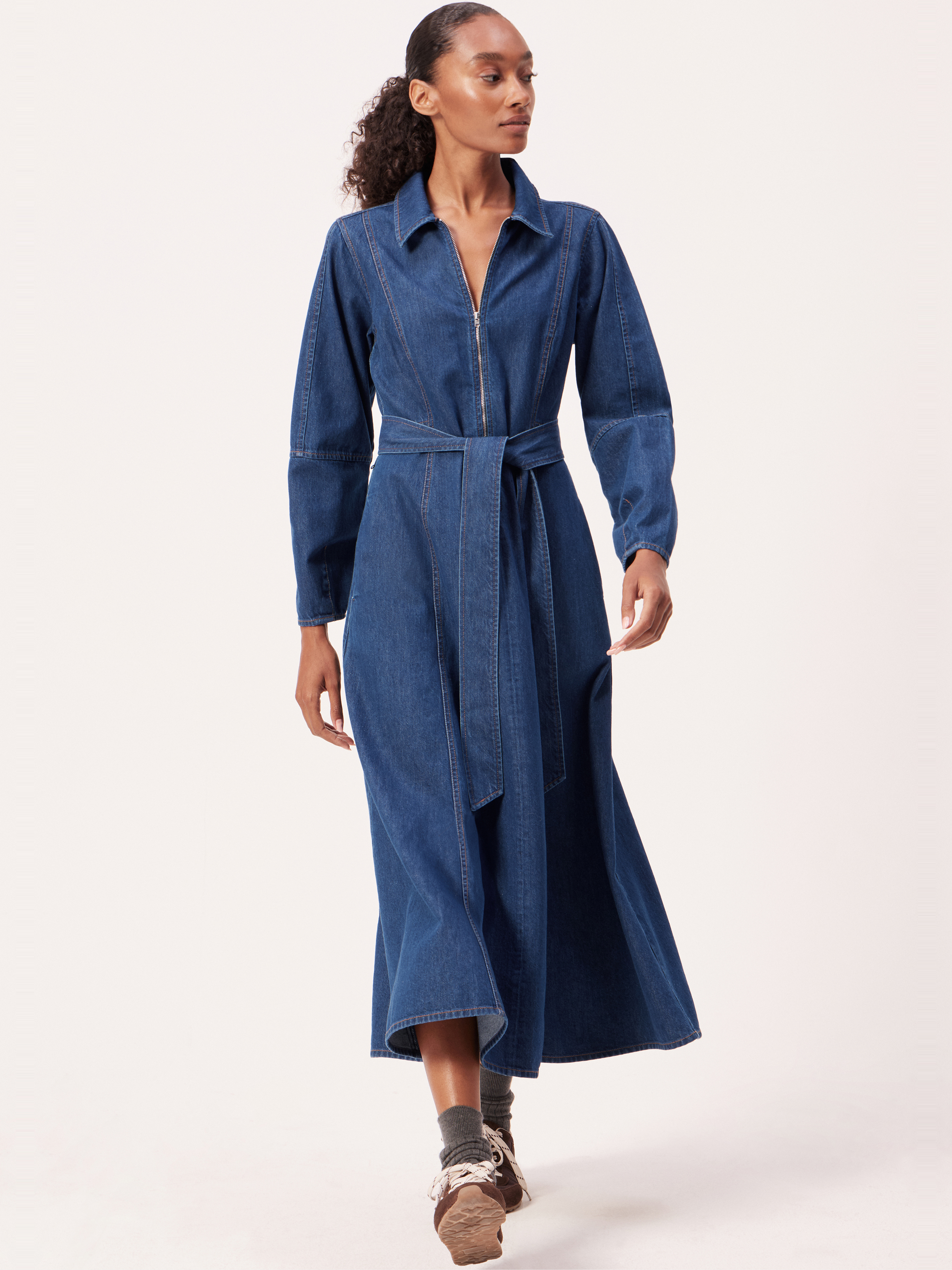 Long Sleeve Denim Tie Waist Dress