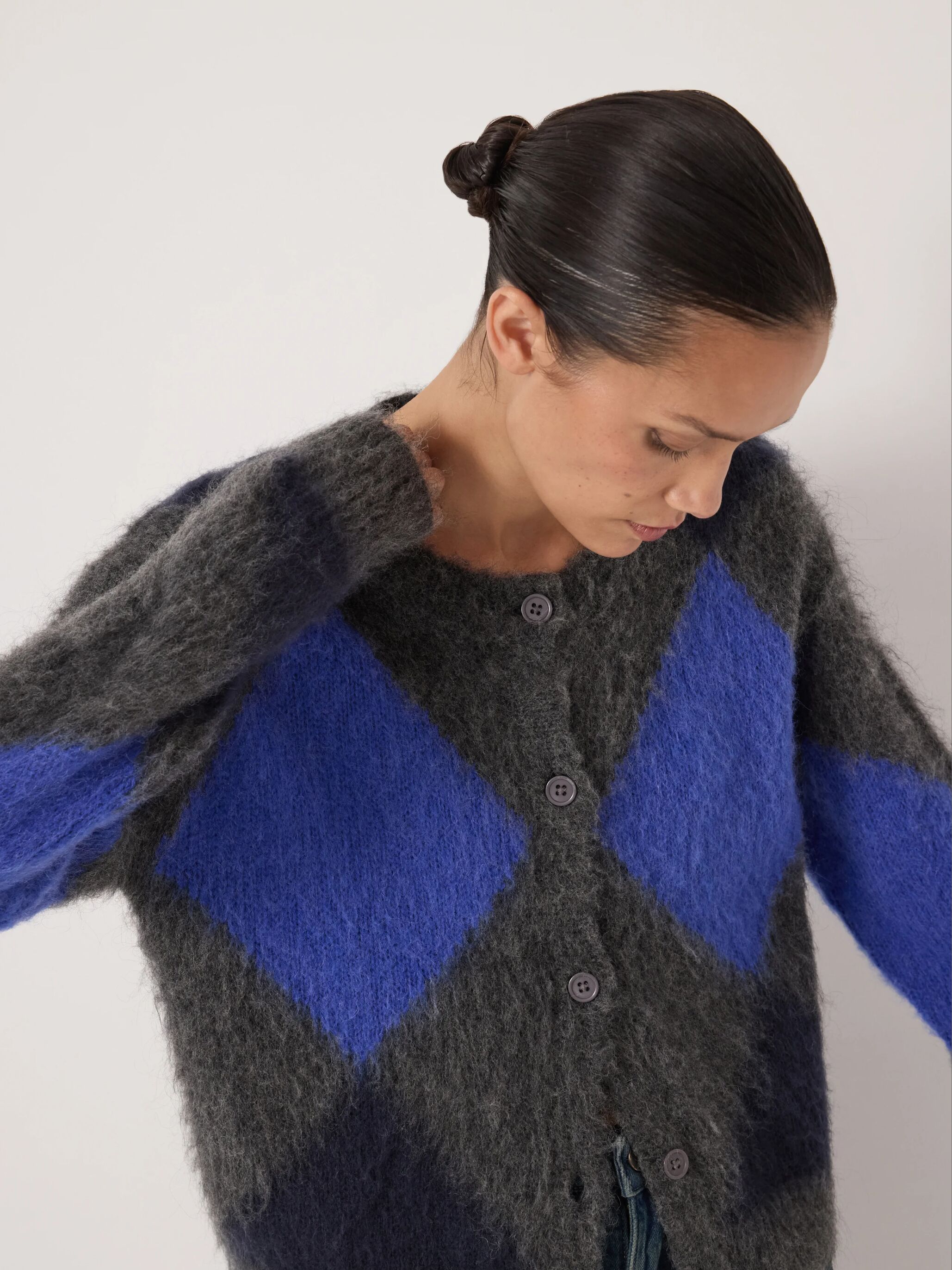 Brushed Argyle Alpaca Blend Cardigan