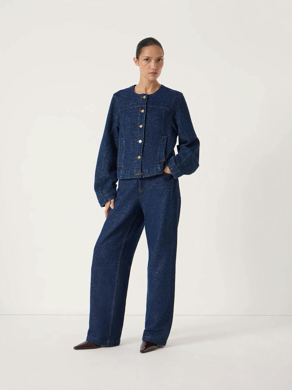 014735-2977-02 Collarless Lurex Denim Jacket