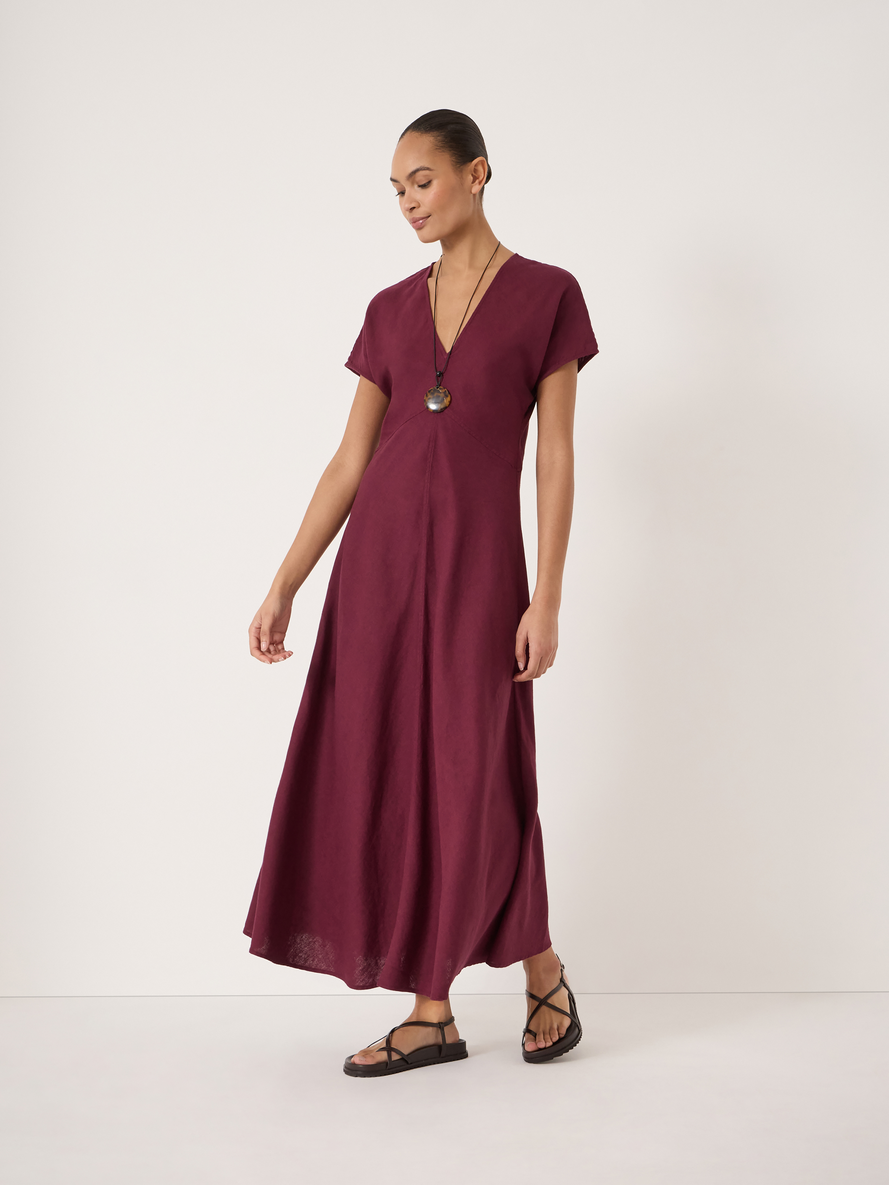 Grace Linen Blend V Neck Maxi Dress