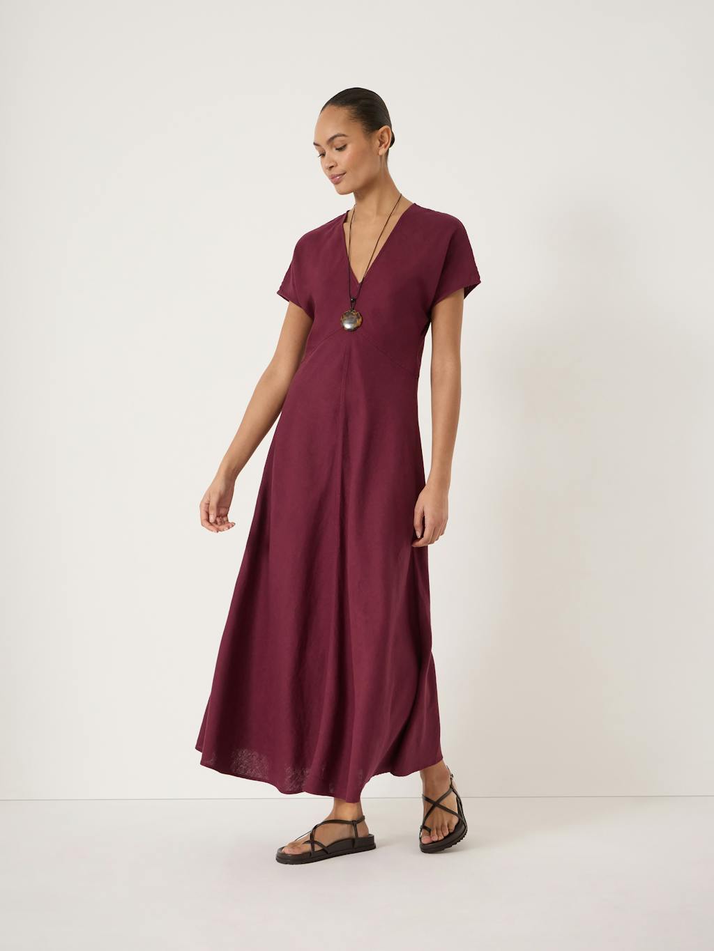 014721-3278-04 Grace Linen Blend V Neck Maxi Dress