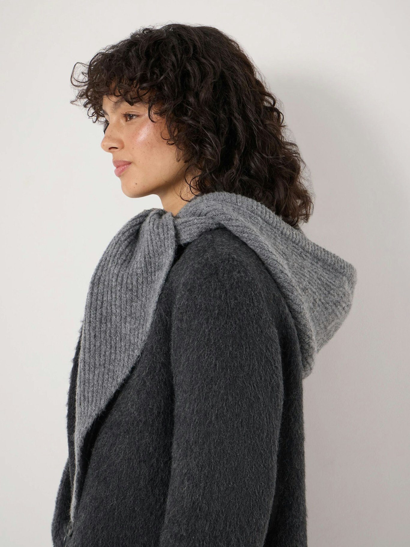 Crochet Ribbing Edge Knitted Hooded Scarf - Light Grey Marl | Hush