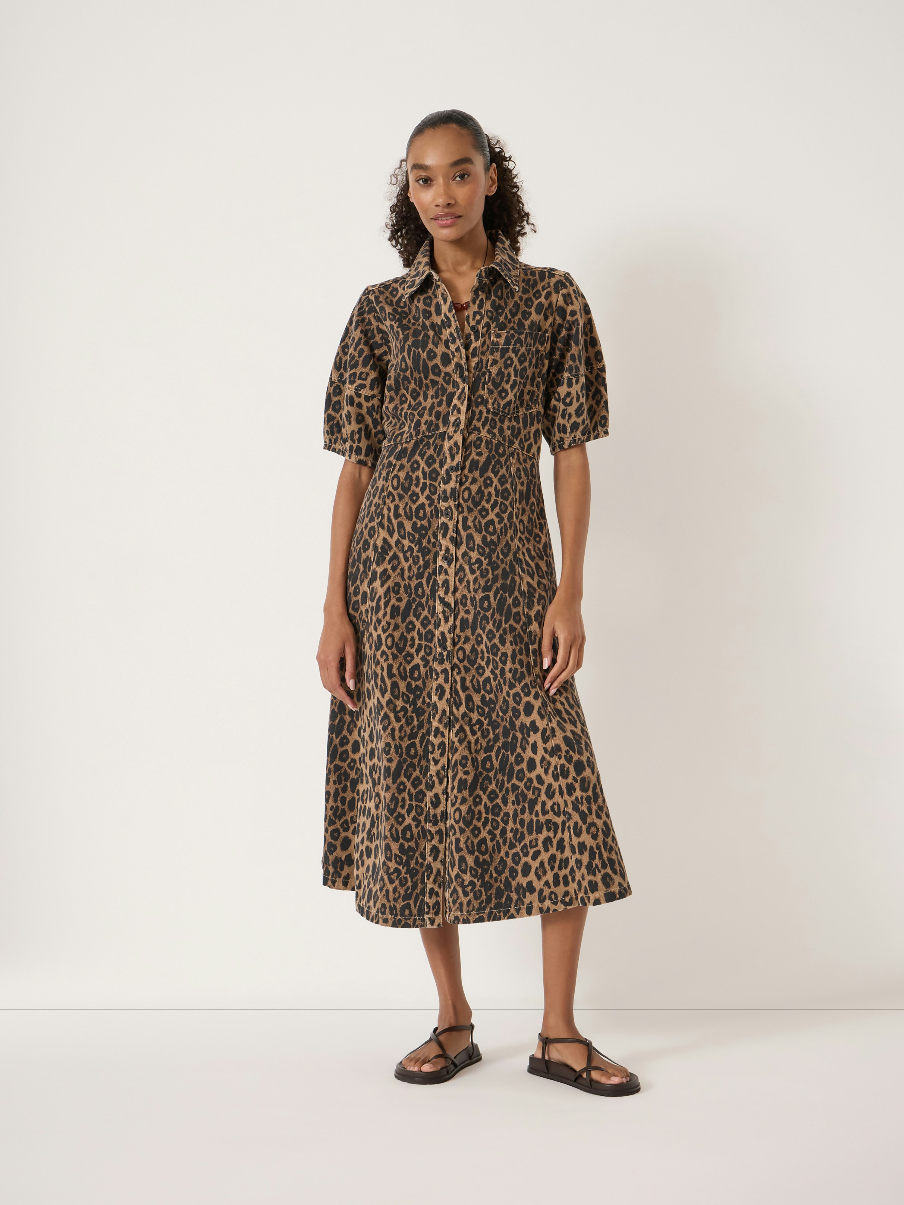 Lark Barrel Sleeve Denim Dress - Natural Leopard Brown