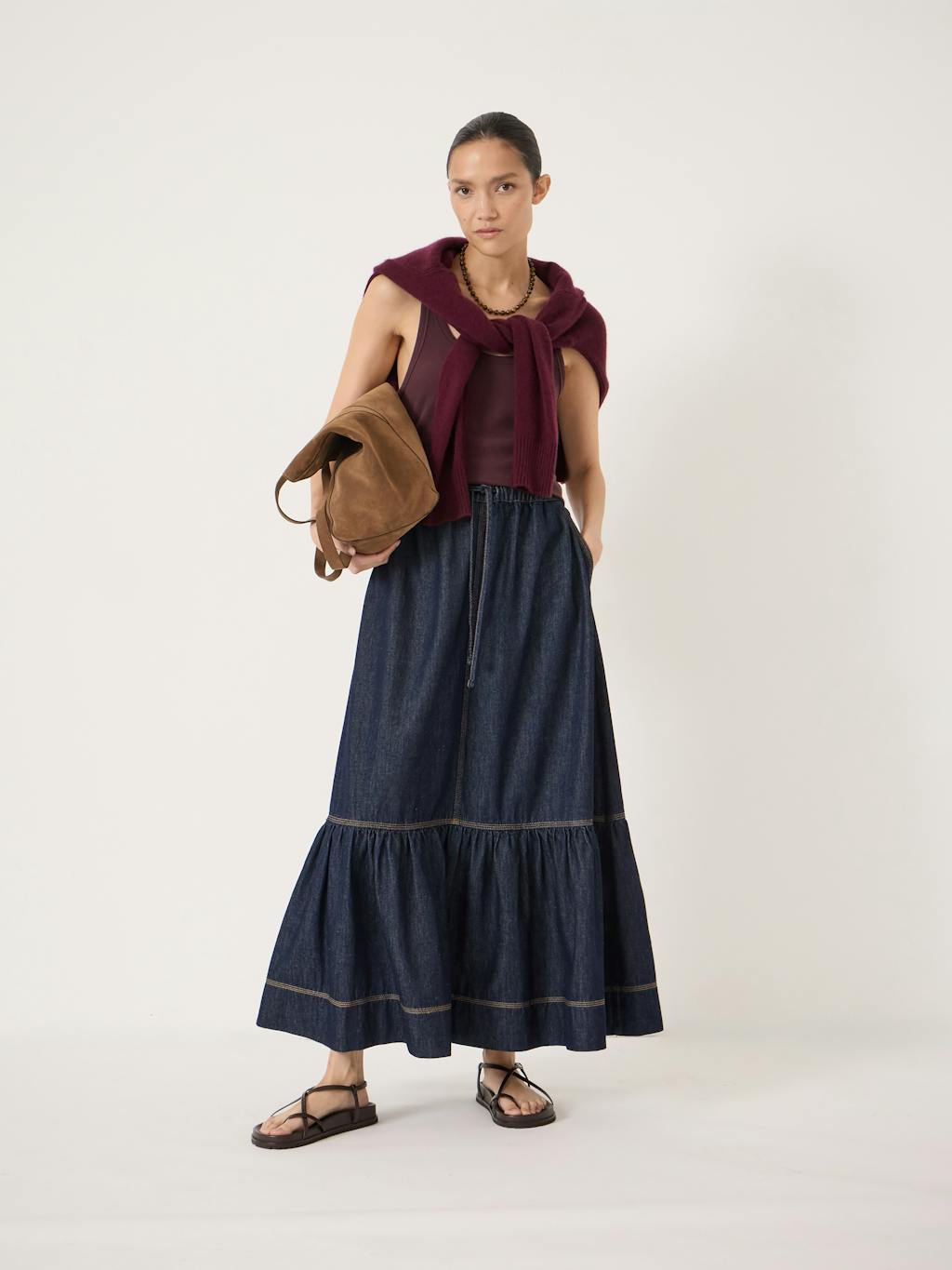 014442-4519-01 Betty Tiered Denim Midi Skirt